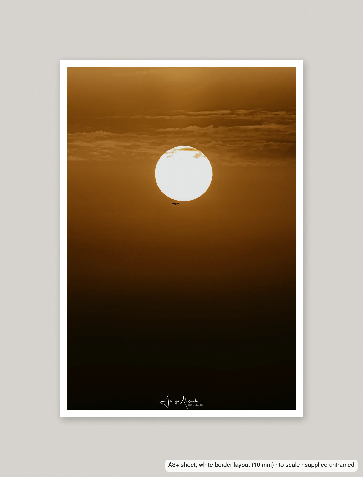 A speck against the sun printed as an A3+ sheet with a 10 mm white border, shown flat and unframed.