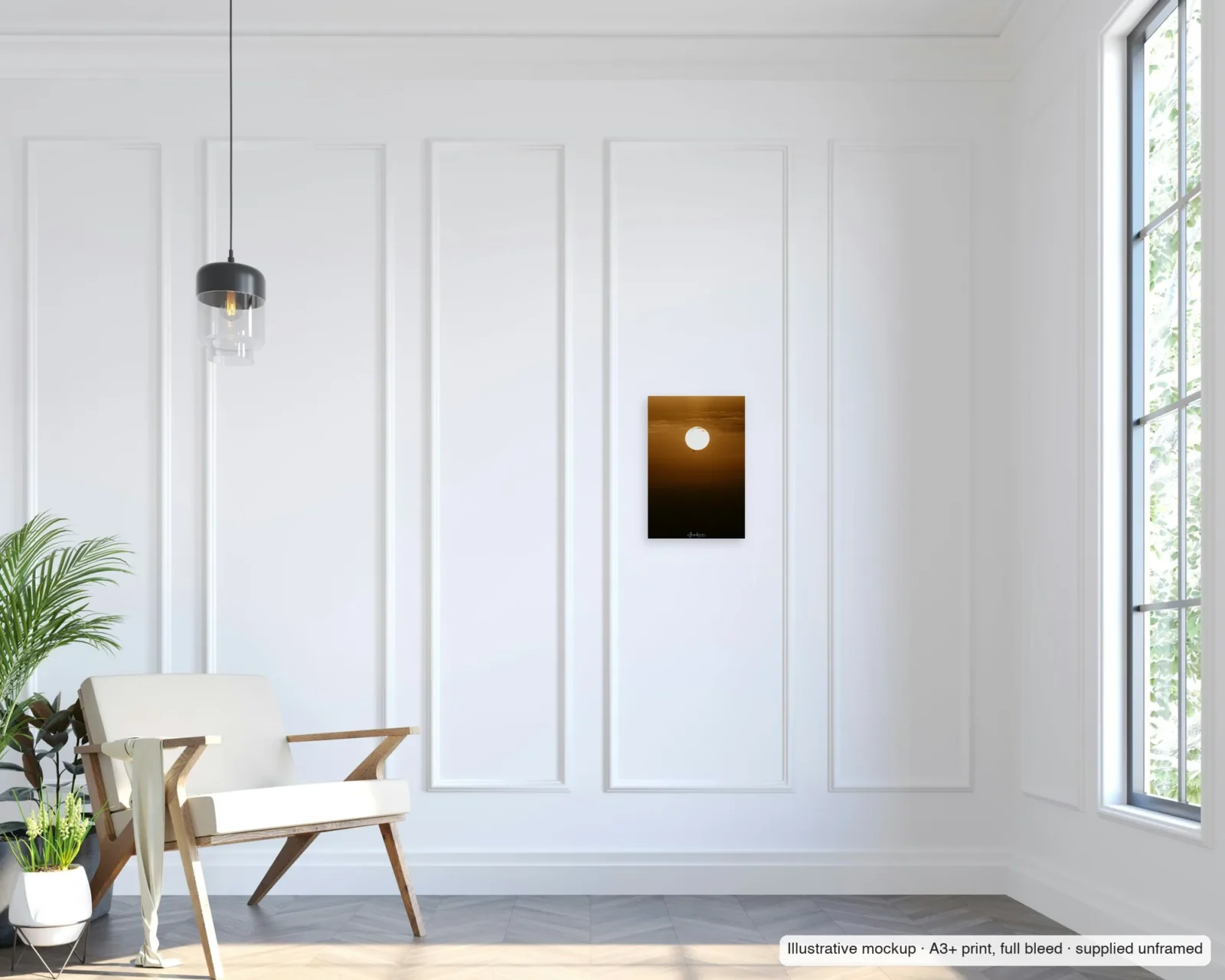 Illustrative mockup of A speck against the sun as an unframed A3+ full-bleed print on a living-room wall.