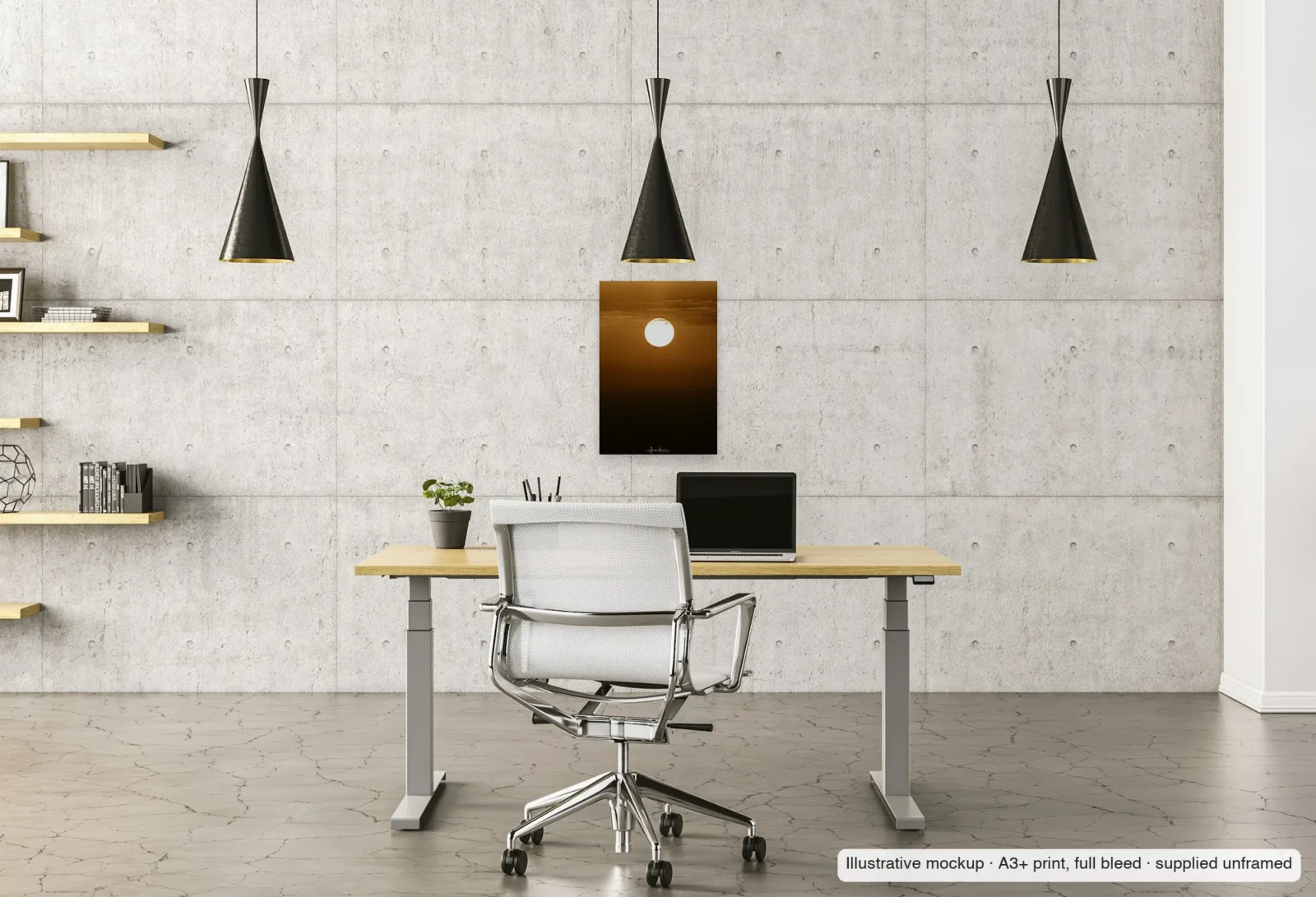 Illustrative mockup of A speck against the sun as an unframed A3+ print above a desk in a home office.