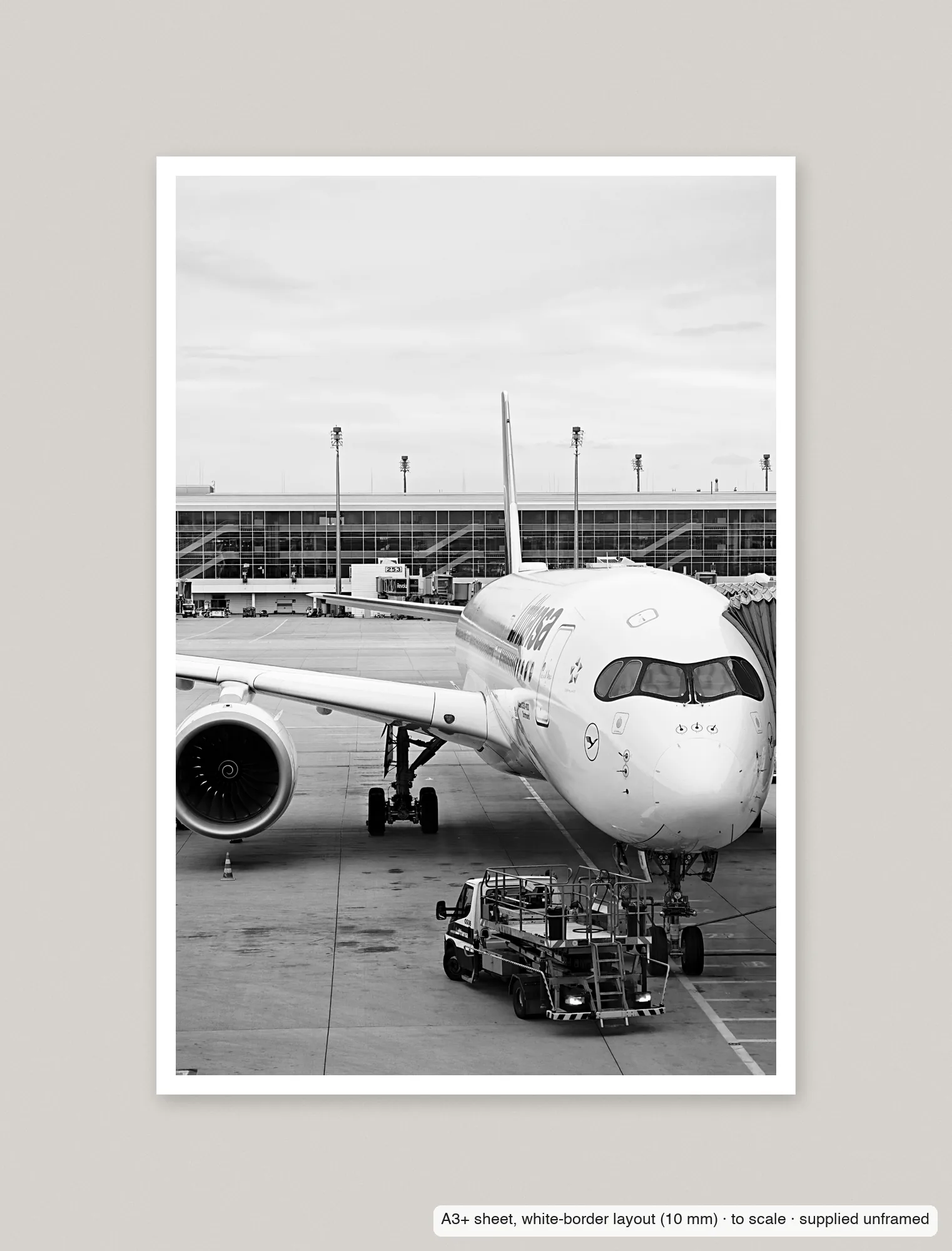 A350 at the pier, Munich printed as an A3+ sheet with a 10 mm white border, shown flat and unframed.