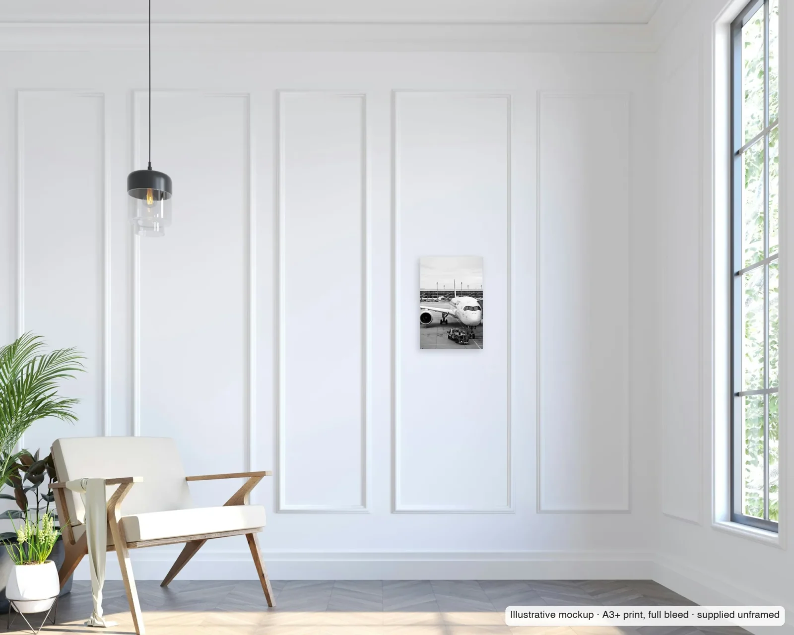 Illustrative mockup of A350 at the pier, Munich as an unframed A3+ full-bleed print on a living-room wall.
