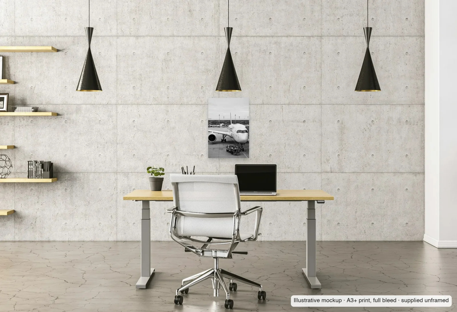 Illustrative mockup of A350 at the pier, Munich as an unframed A3+ print above a desk in a home office.