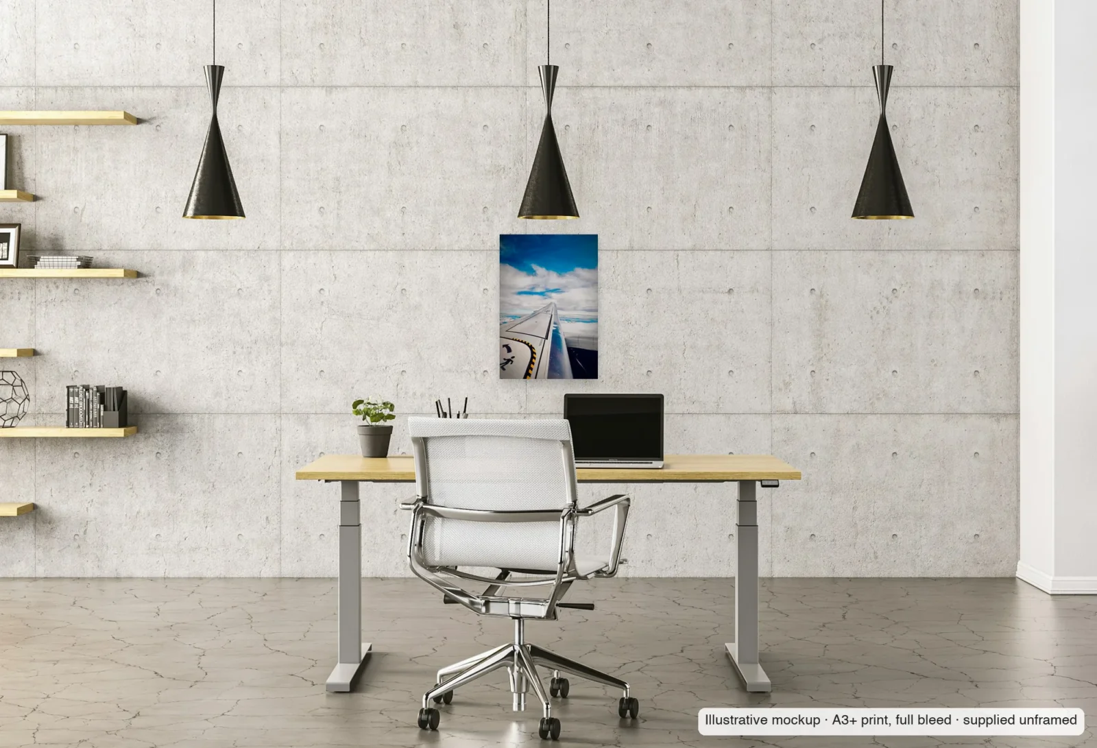 Illustrative mockup of Above the cloud deck as an unframed A3+ print above a desk in a home office.