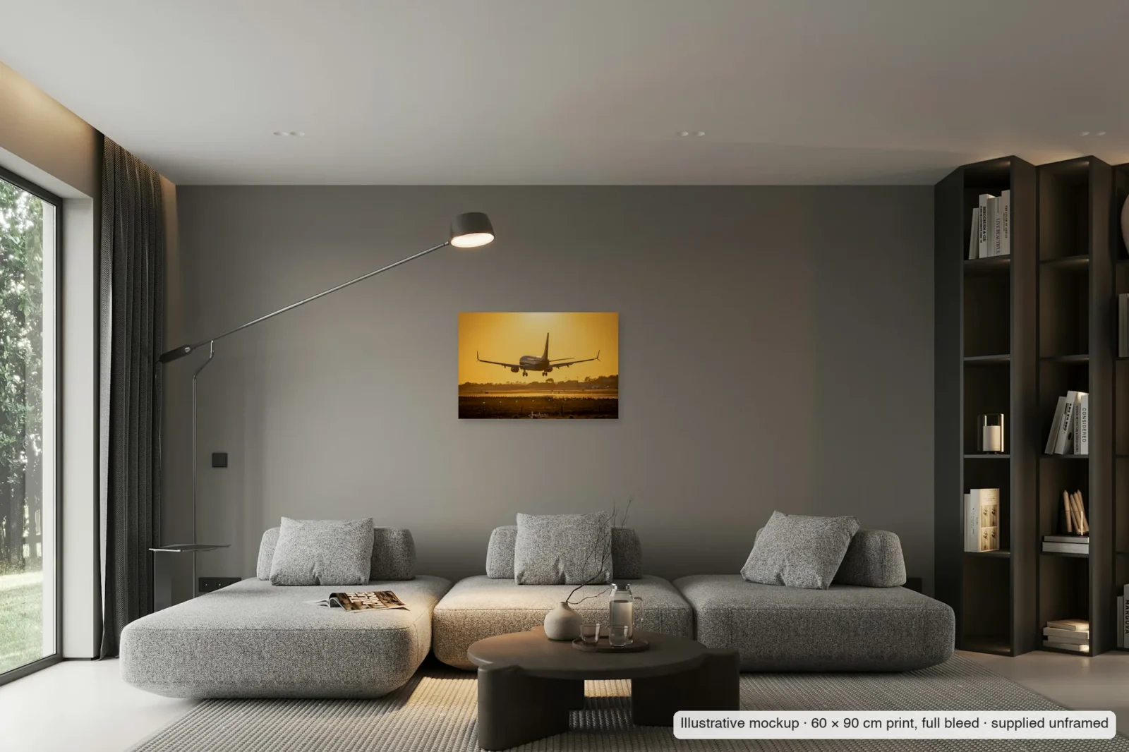 Illustrative mockup of Amber approach as an unframed 60 × 90 cm full-bleed print on a living-room wall.