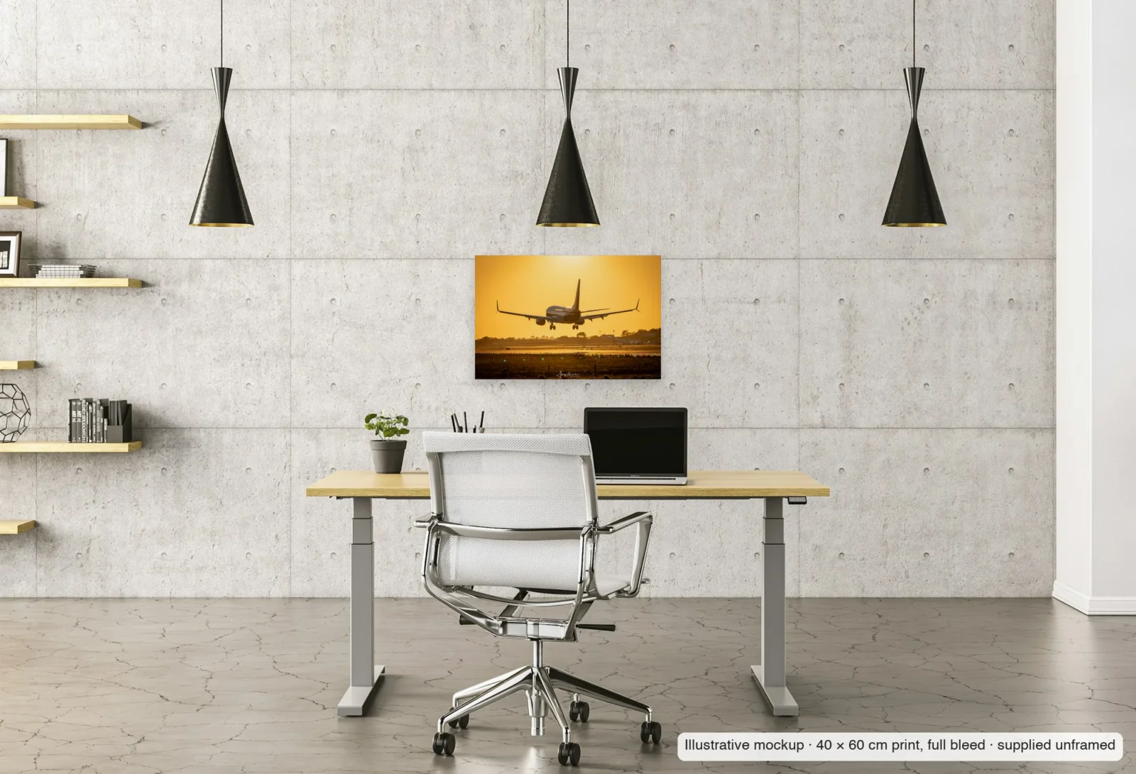 Illustrative mockup of Amber approach as an unframed 40 × 60 cm print above a desk in a home office.