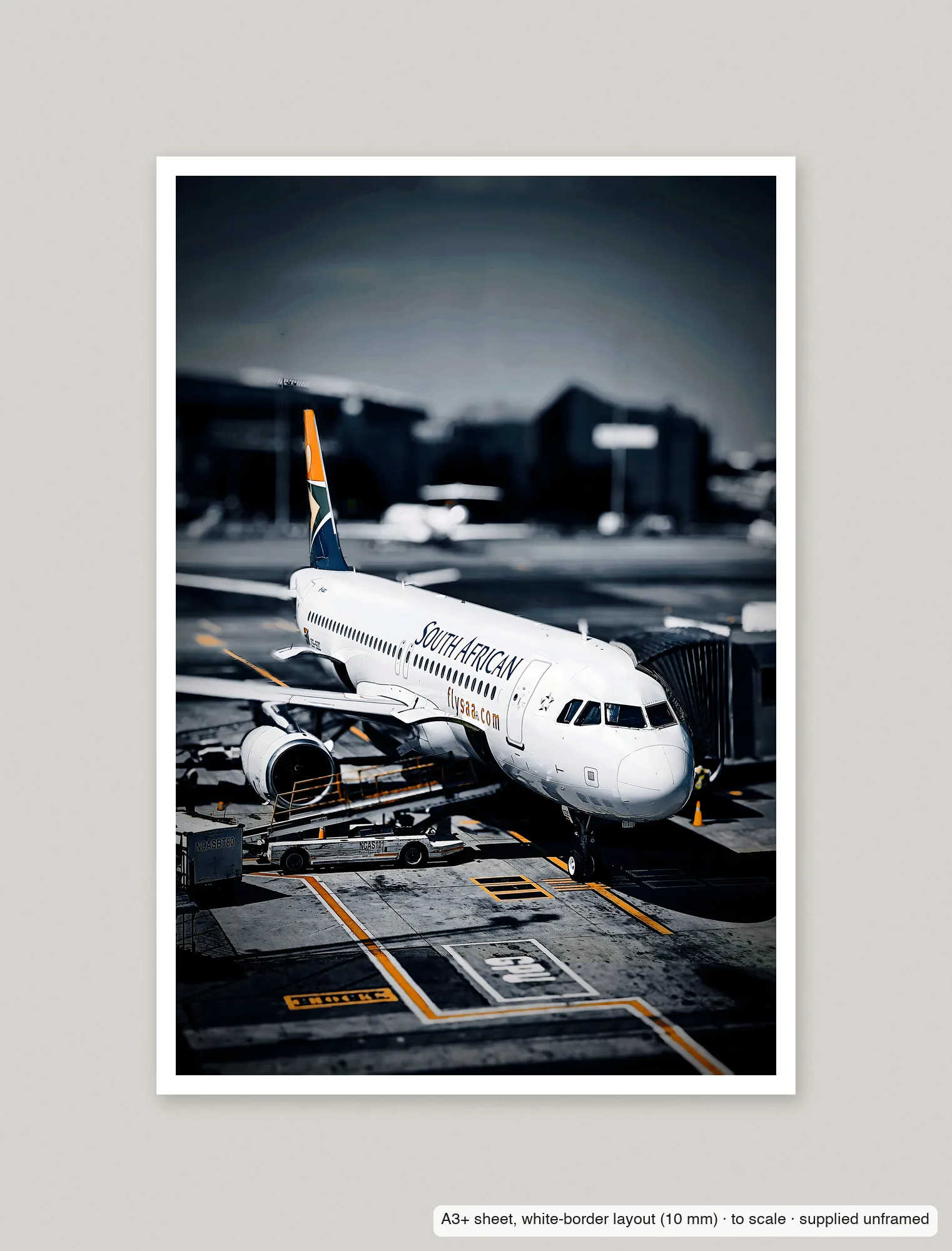 At the gate, South African printed as an A3+ sheet with a 10 mm white border, shown flat and unframed.