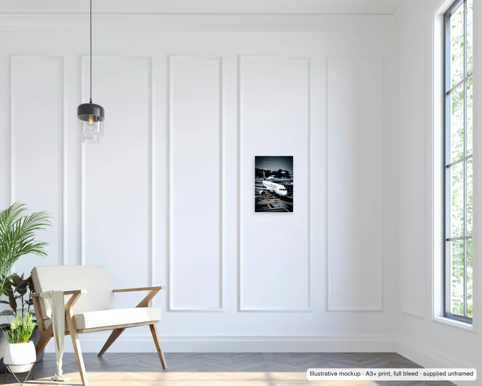 Illustrative mockup of At the gate, South African as an unframed A3+ full-bleed print on a living-room wall.
