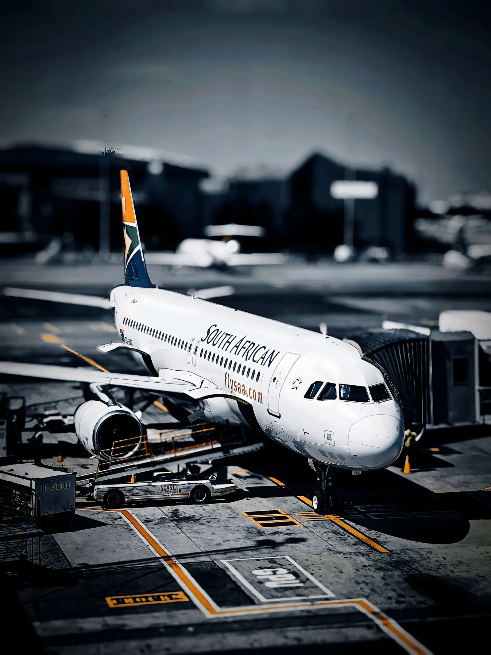 South African Airways Airbus at a jet bridge with a blurred dark terminal behind and orange taxi lines in front.