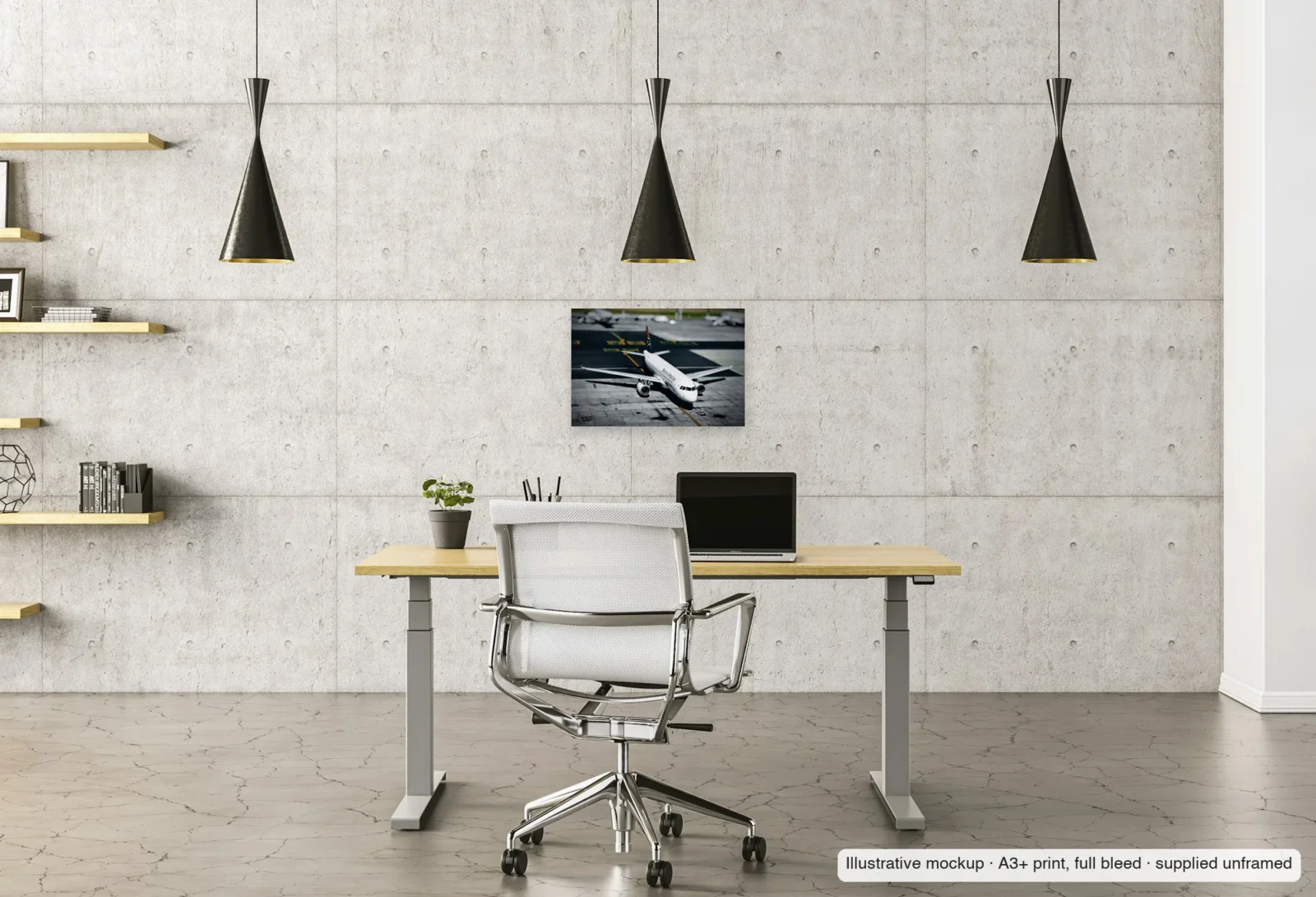 Illustrative mockup of Cape Town turn as an unframed A3+ print above a desk in a home office.