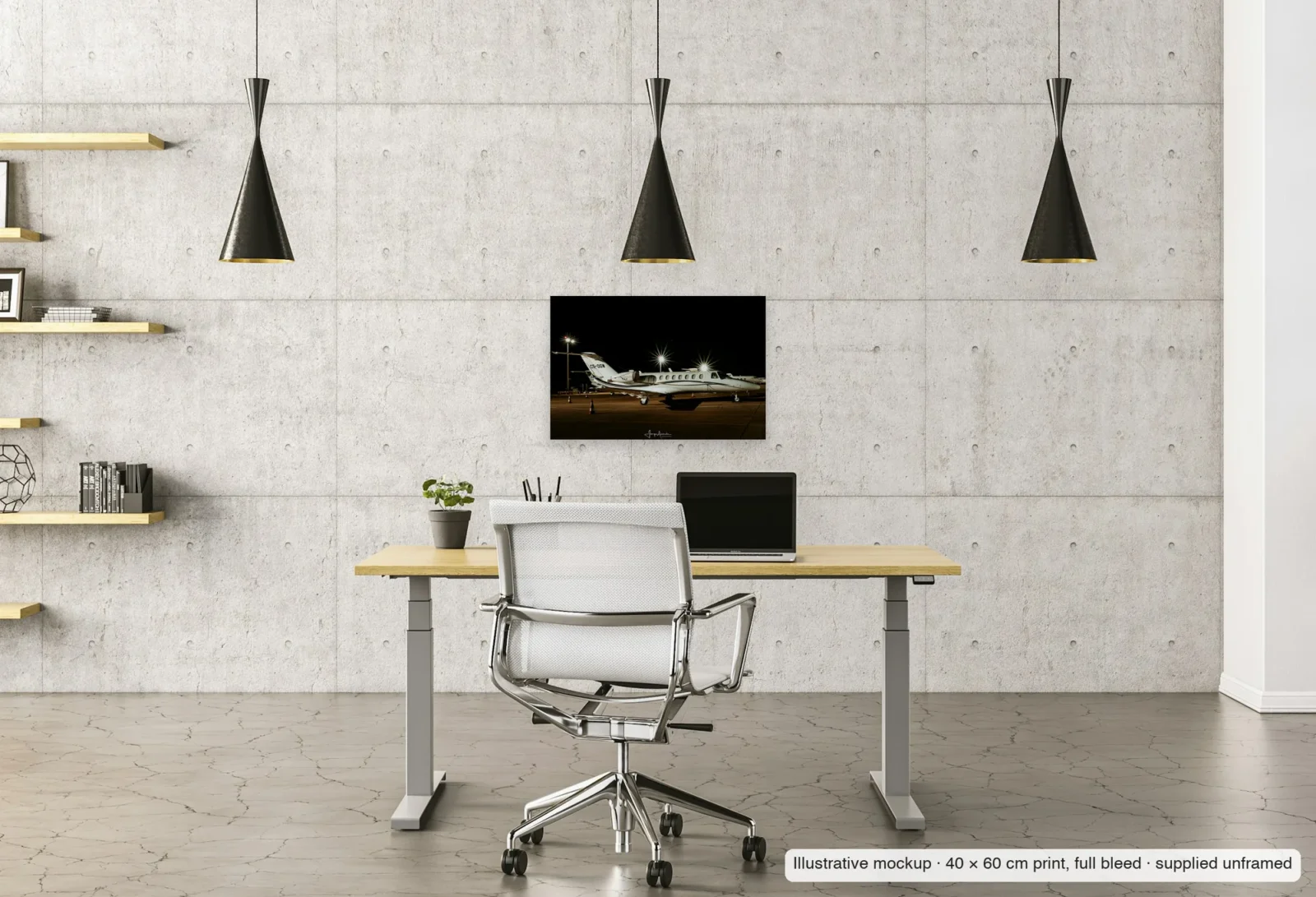 Illustrative mockup of Citation under starlight as an unframed 40 × 60 cm print above a desk in a home office.