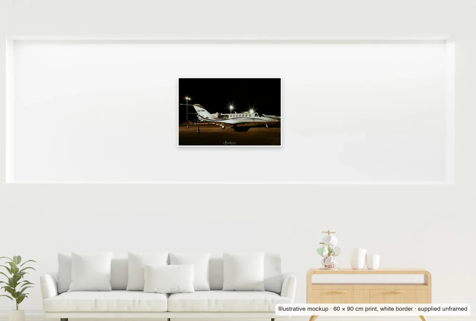 Illustrative mockup showing the scale of Citation under starlight as an unframed 60 × 90 cm print above a sofa.
