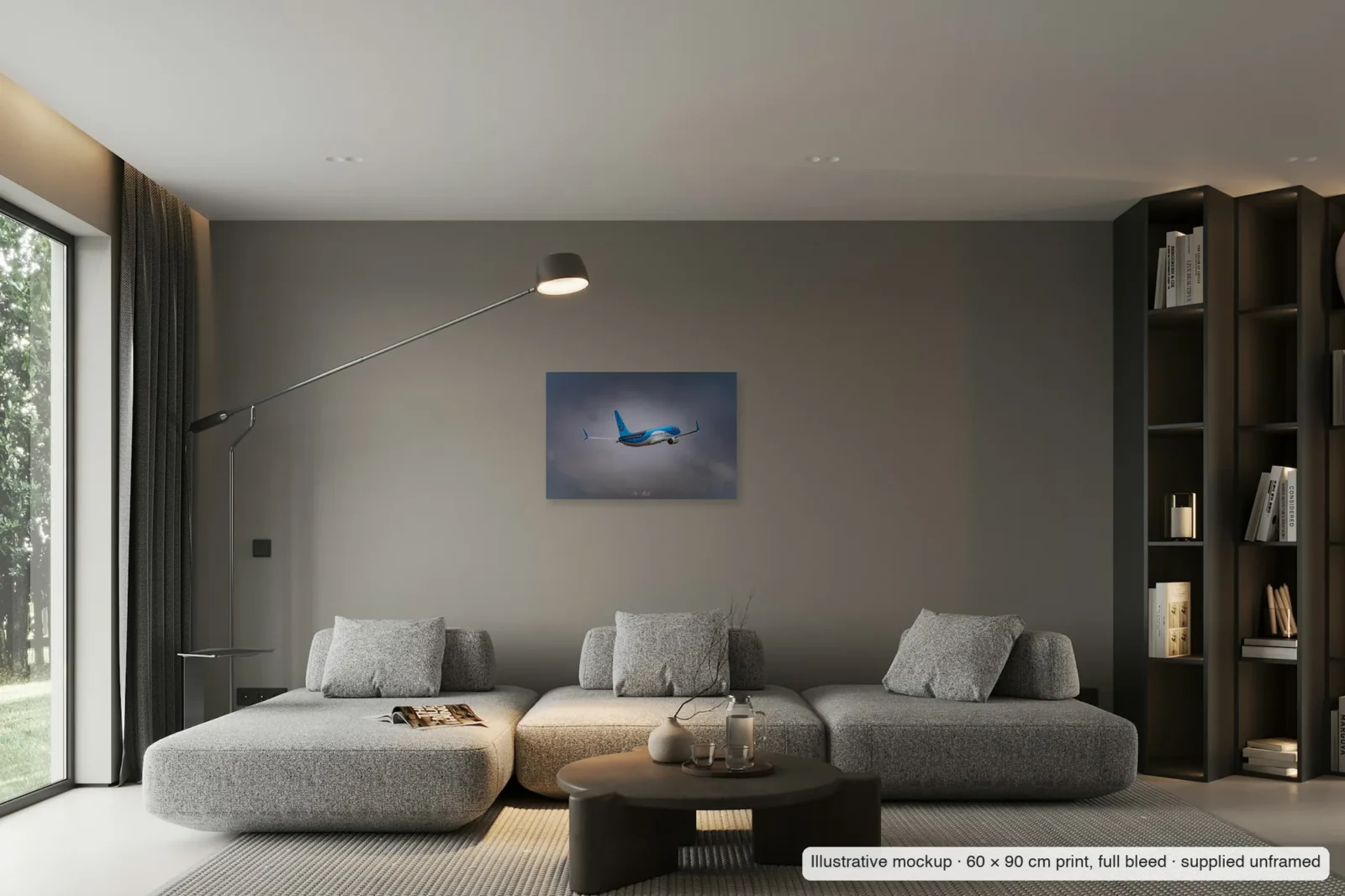 Illustrative mockup of Climbing into the storm as an unframed 60 × 90 cm full-bleed print on a living-room wall.