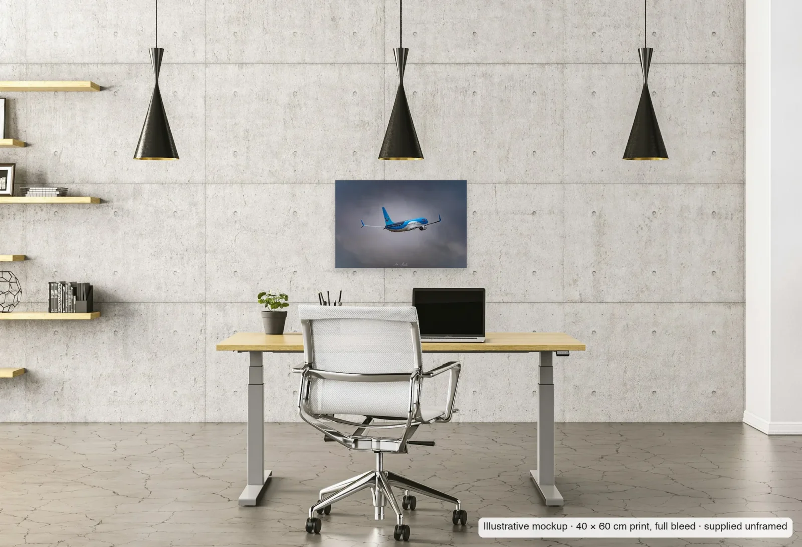 Illustrative mockup of Climbing into the storm as an unframed 40 × 60 cm print above a desk in a home office.