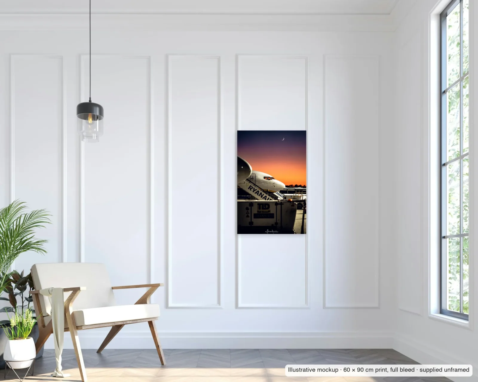 Illustrative mockup of Crescent over the stairs as an unframed 60 × 90 cm full-bleed print on a living-room wall.