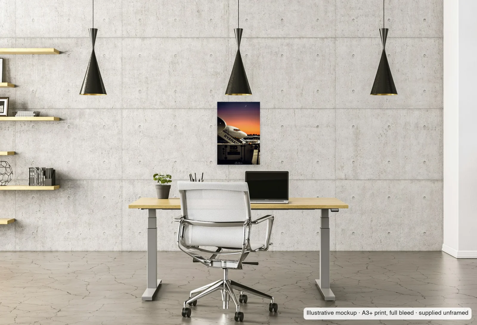Illustrative mockup of Crescent over the stairs as an unframed A3+ print above a desk in a home office.