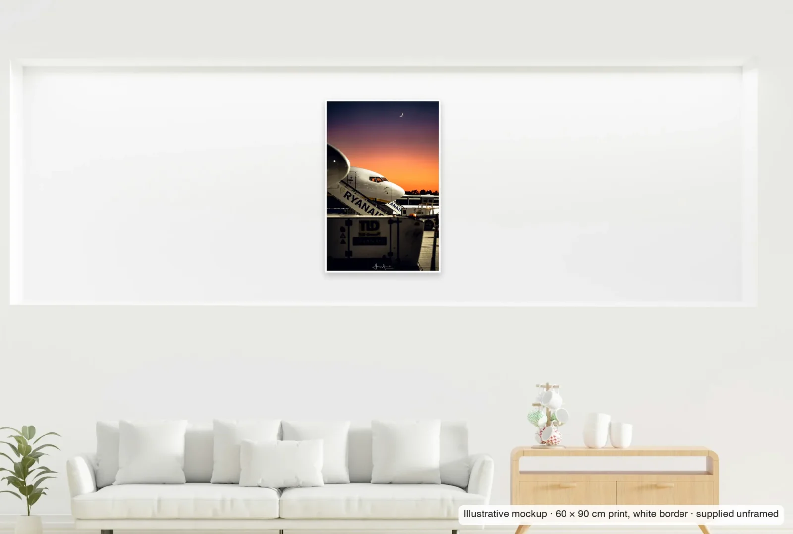 Illustrative mockup showing the scale of Crescent over the stairs as an unframed 60 × 90 cm print above a sofa.