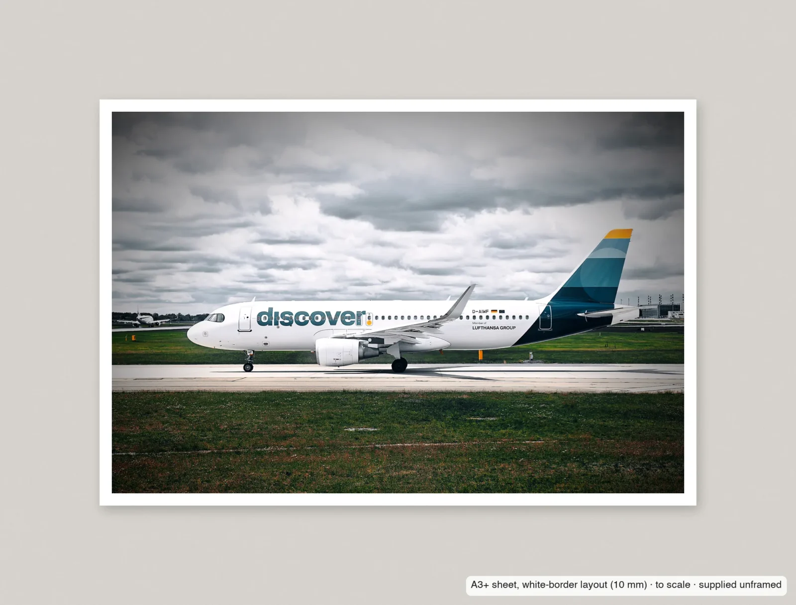 Discover, on the taxiway printed as an A3+ sheet with a 10 mm white border, shown flat and unframed.