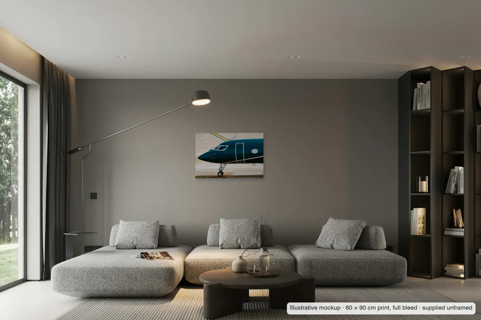 Illustrative mockup of Emerald nose as an unframed 60 × 90 cm full-bleed print on a living-room wall.