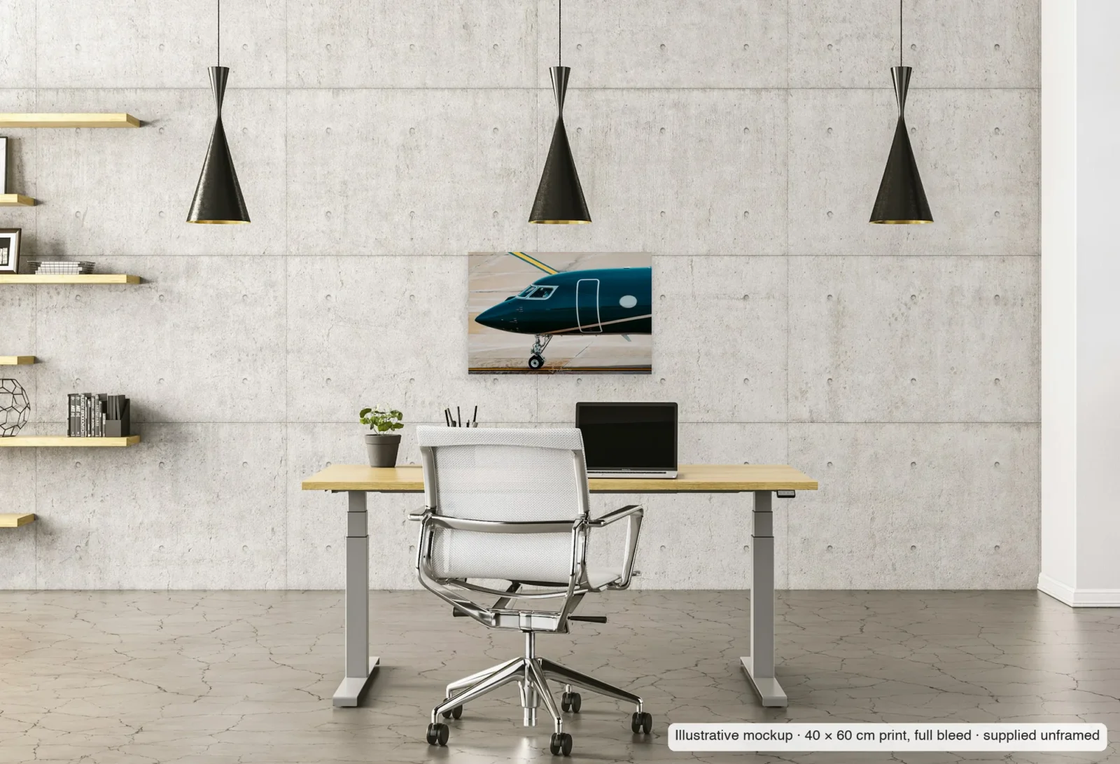 Illustrative mockup of Emerald nose as an unframed 40 × 60 cm print above a desk in a home office.