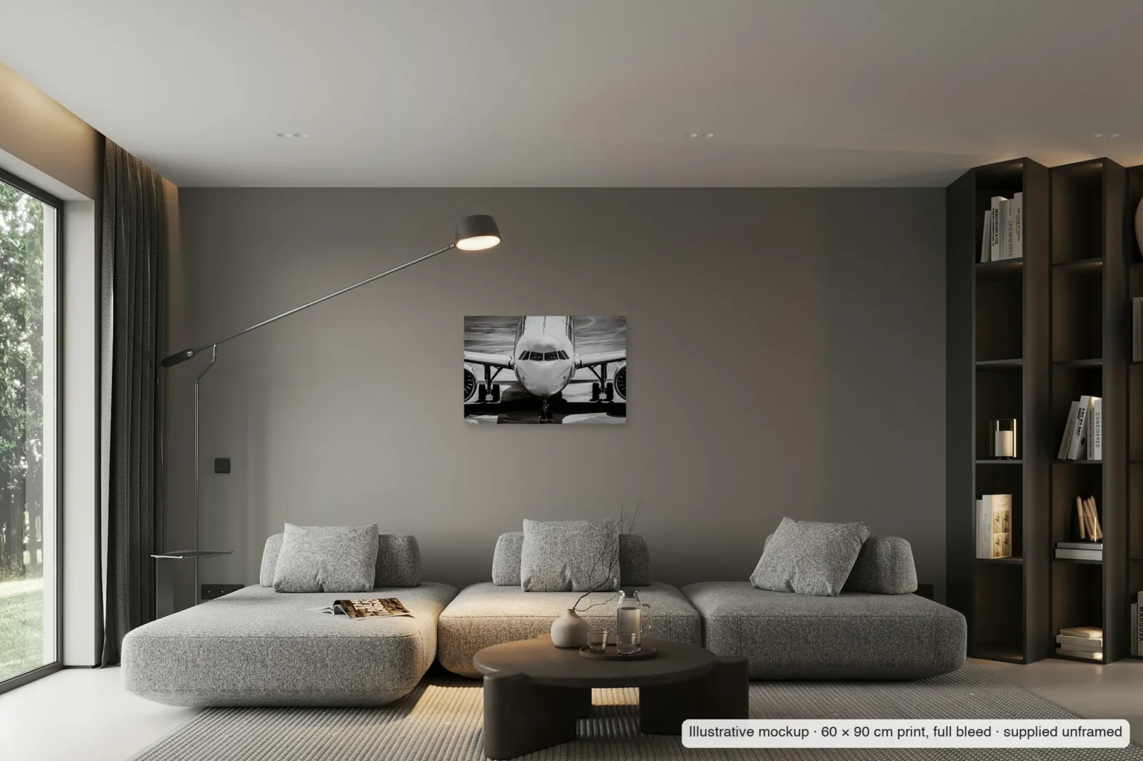 Illustrative mockup of Face to face as an unframed 60 × 90 cm full-bleed print on a living-room wall.