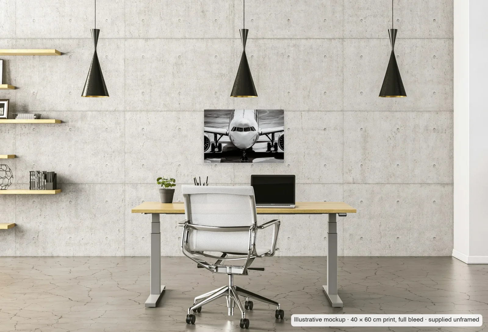 Illustrative mockup of Face to face as an unframed 40 × 60 cm print above a desk in a home office.