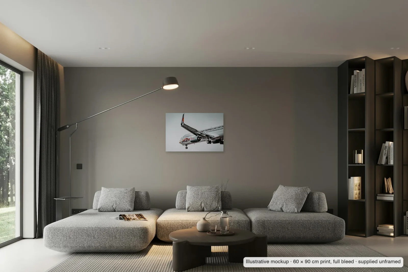 Illustrative mockup of Flaps down, gear down as an unframed 60 × 90 cm full-bleed print on a living-room wall.