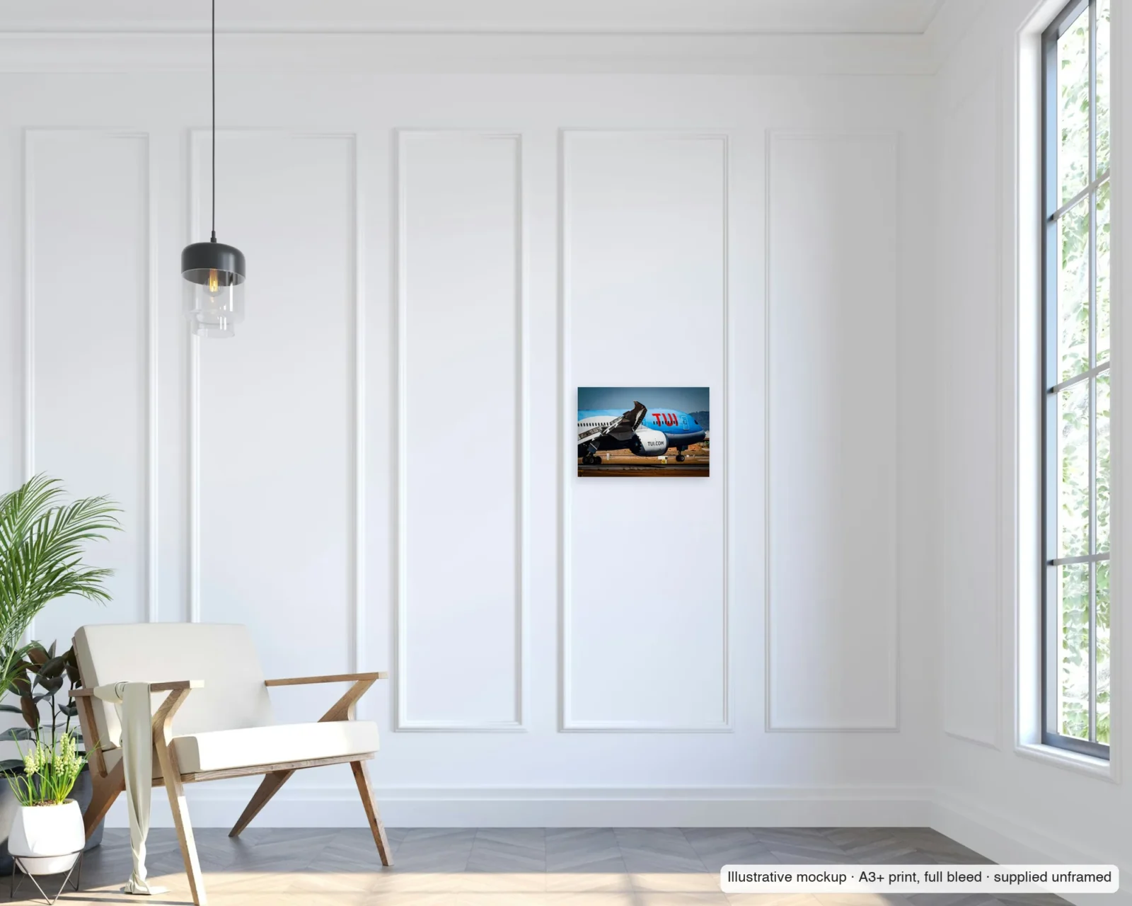 Illustrative mockup of Flaps out, Dreamliner as an unframed A3+ full-bleed print on a living-room wall.