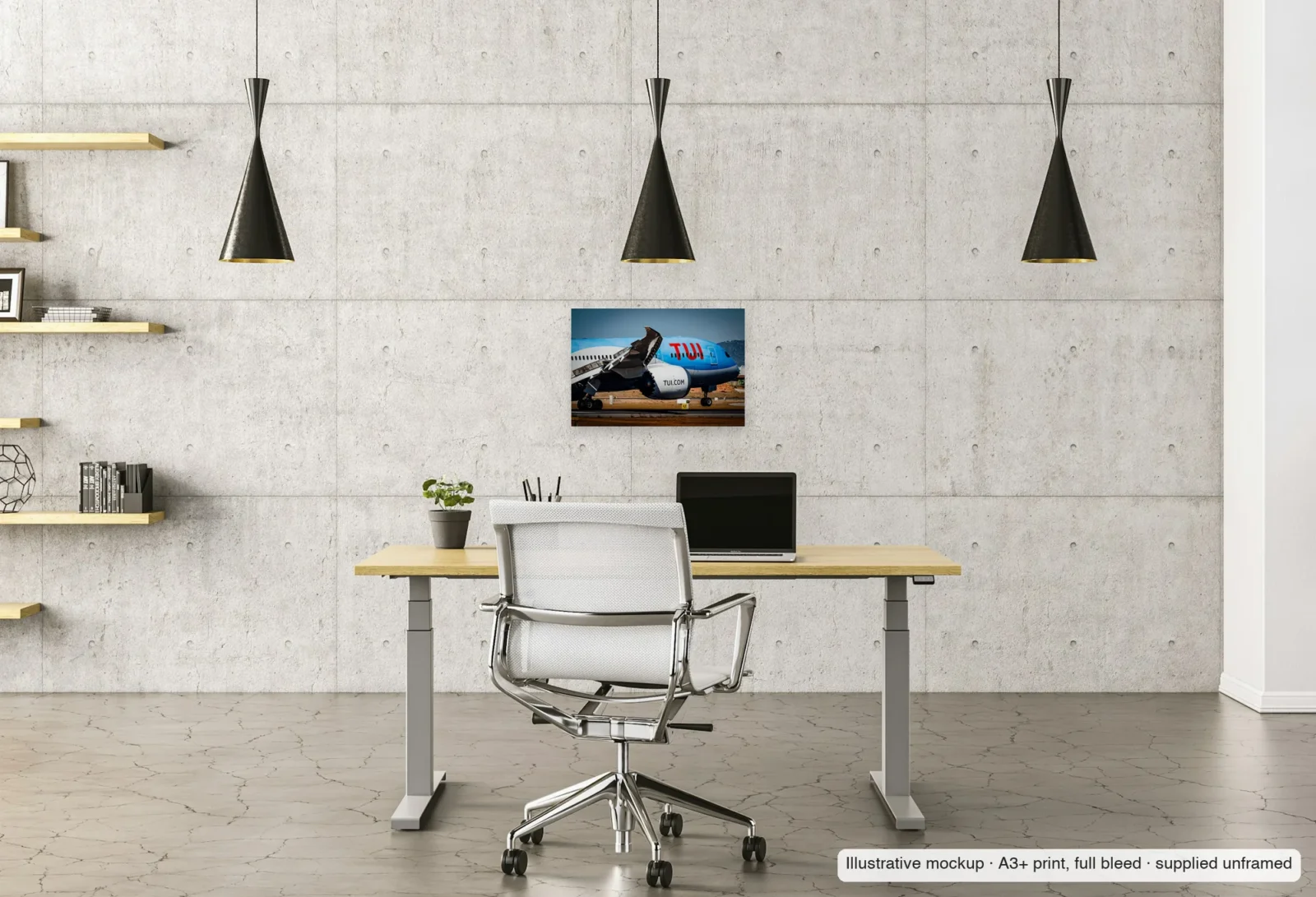 Illustrative mockup of Flaps out, Dreamliner as an unframed A3+ print above a desk in a home office.