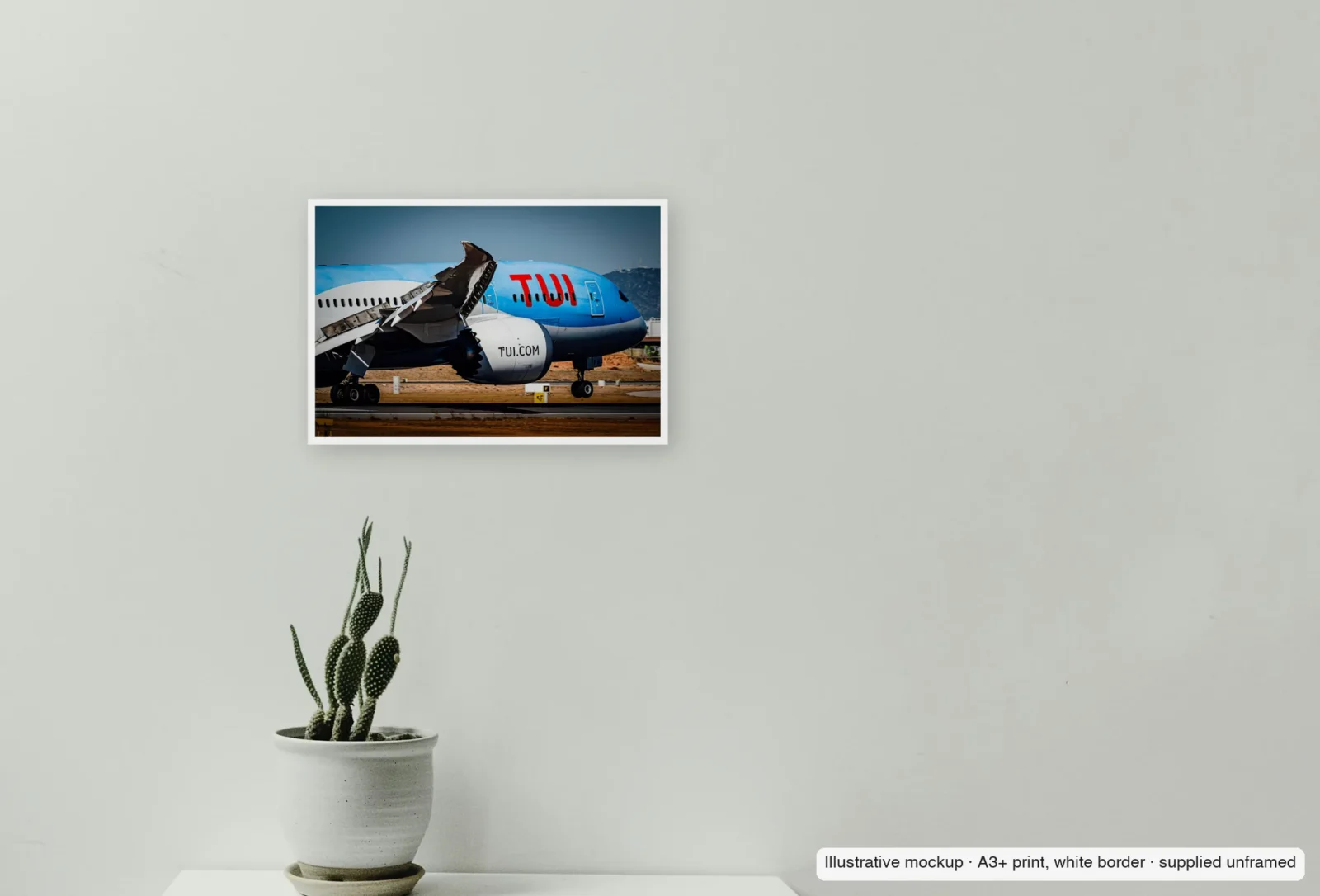 Closer view of Flaps out, Dreamliner as an unframed A3+ white-border print above a sideboard.