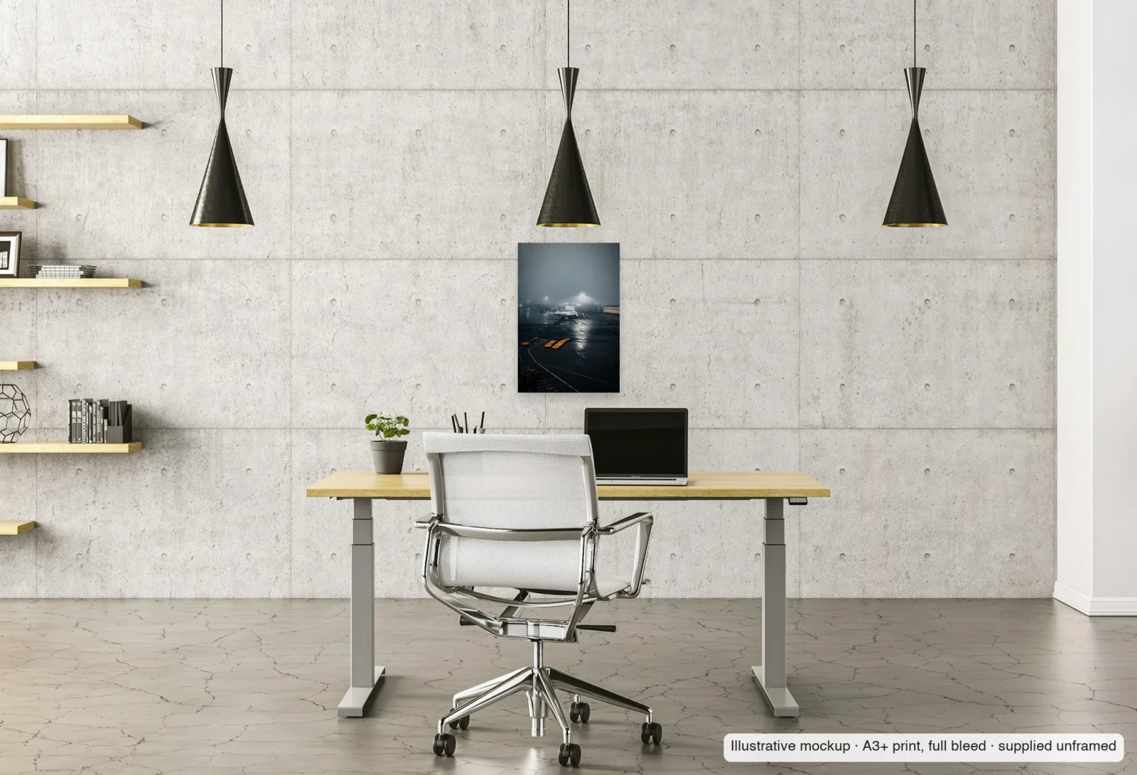 Illustrative mockup of Fog at Logan as an unframed A3+ print above a desk in a home office.