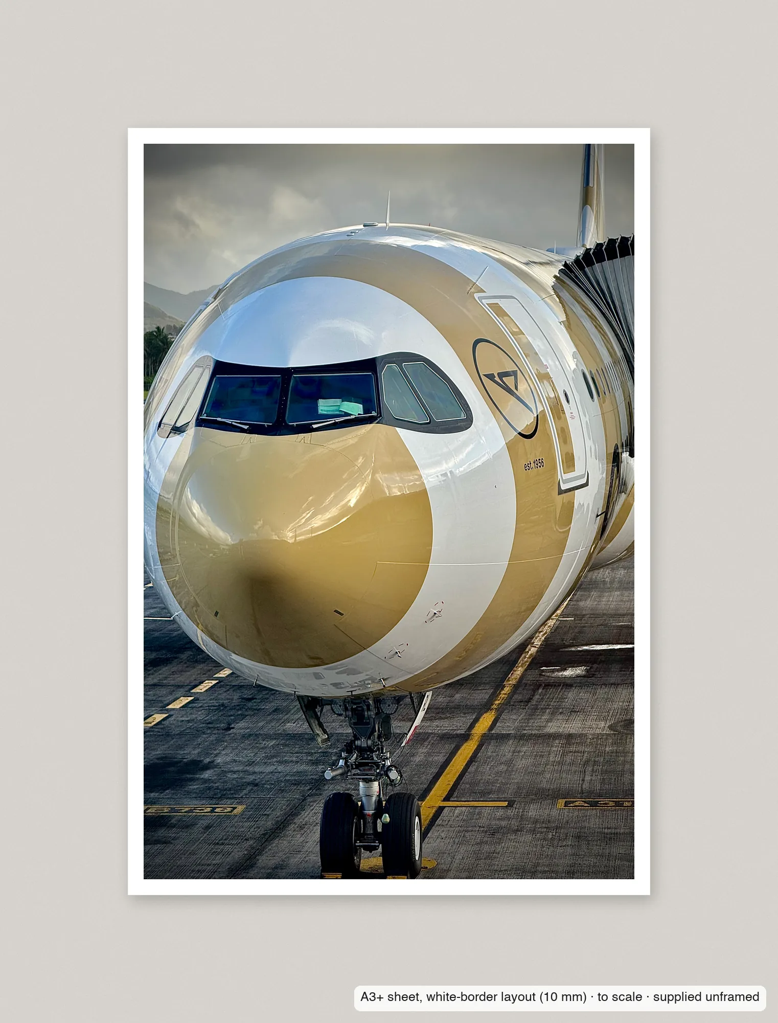 Golden crescent printed as an A3+ sheet with a 10 mm white border, shown flat and unframed.