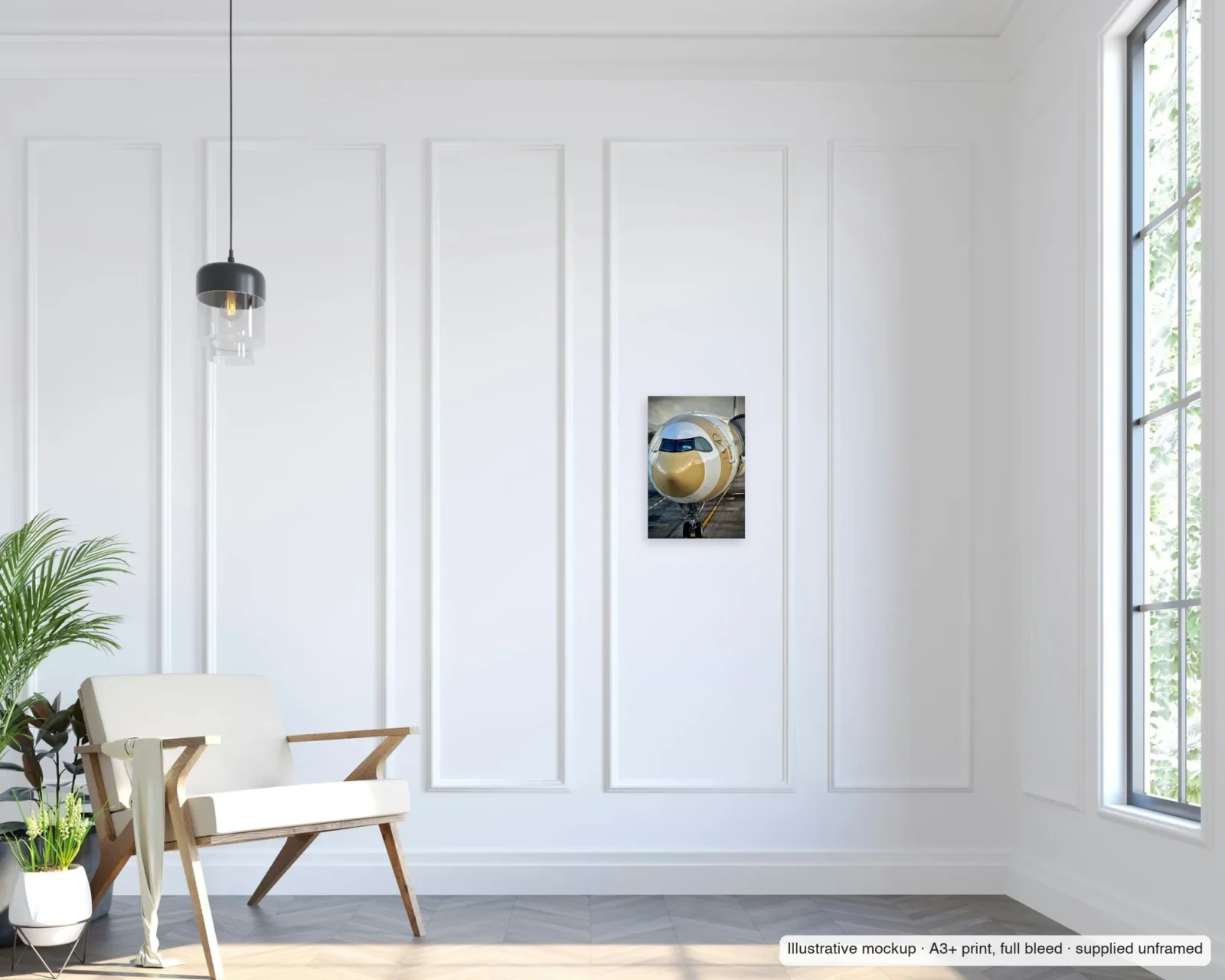 Illustrative mockup of Golden crescent as an unframed A3+ full-bleed print on a living-room wall.