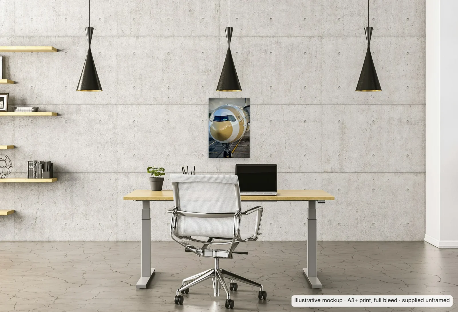 Illustrative mockup of Golden crescent as an unframed A3+ print above a desk in a home office.