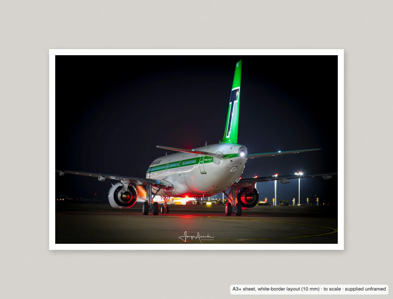 Green tail, red beacon printed as an A3+ sheet with a 10 mm white border, shown flat and unframed.
