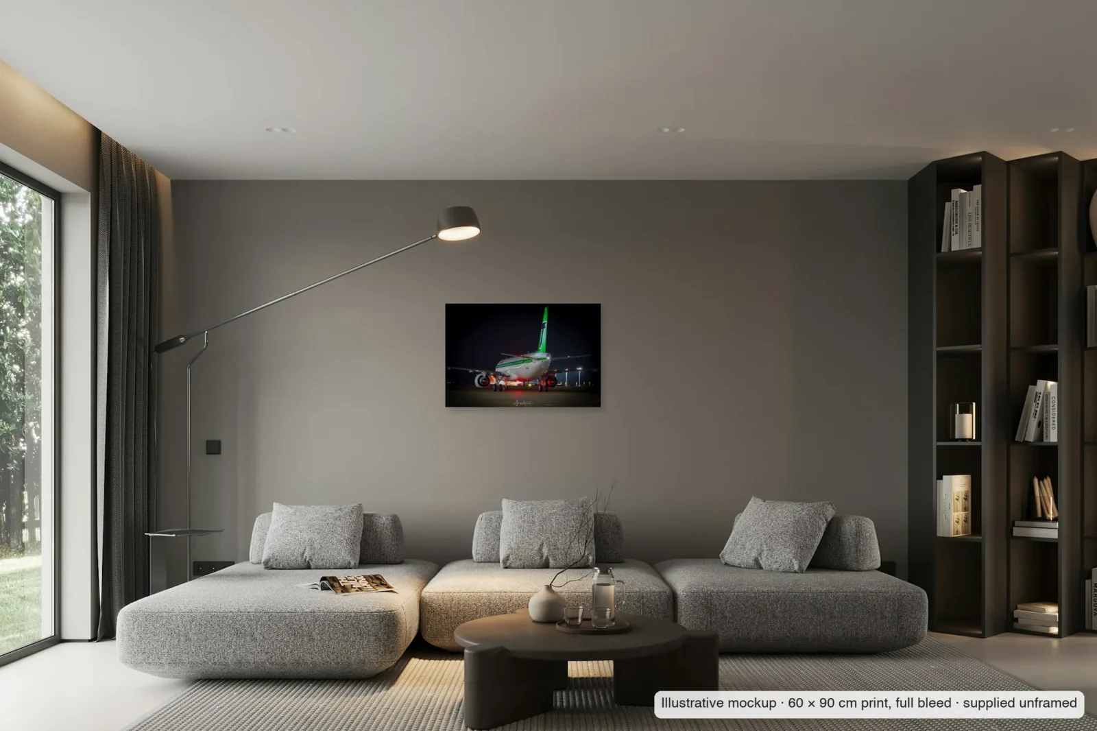 Illustrative mockup of Green tail, red beacon as an unframed 60 × 90 cm full-bleed print on a living-room wall.
