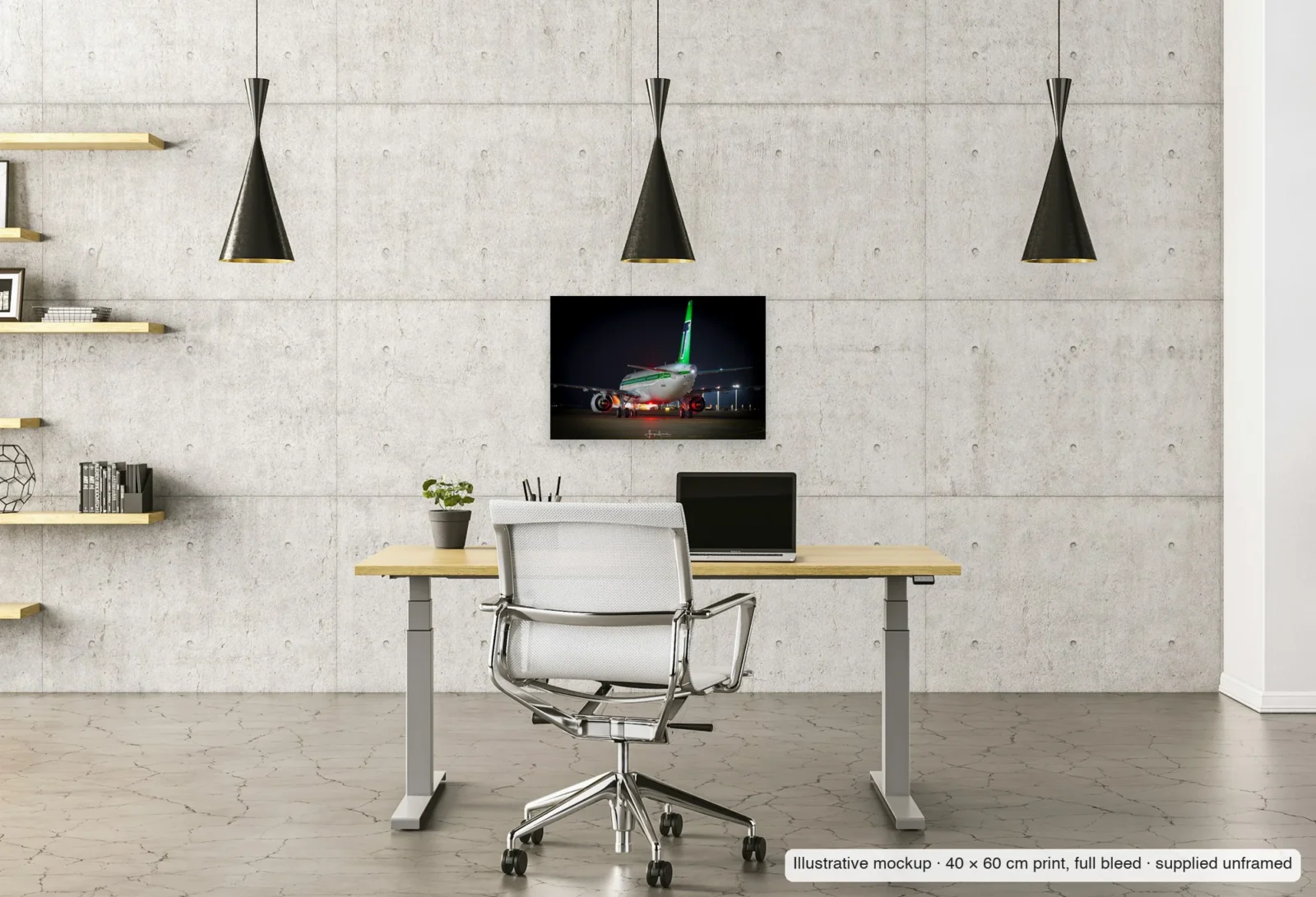 Illustrative mockup of Green tail, red beacon as an unframed 40 × 60 cm print above a desk in a home office.