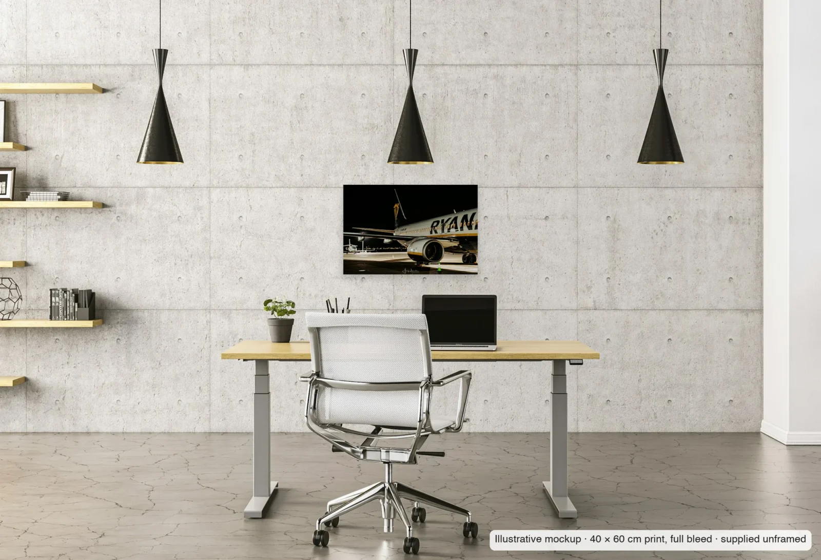 Illustrative mockup of Harp and engine as an unframed 40 × 60 cm print above a desk in a home office.