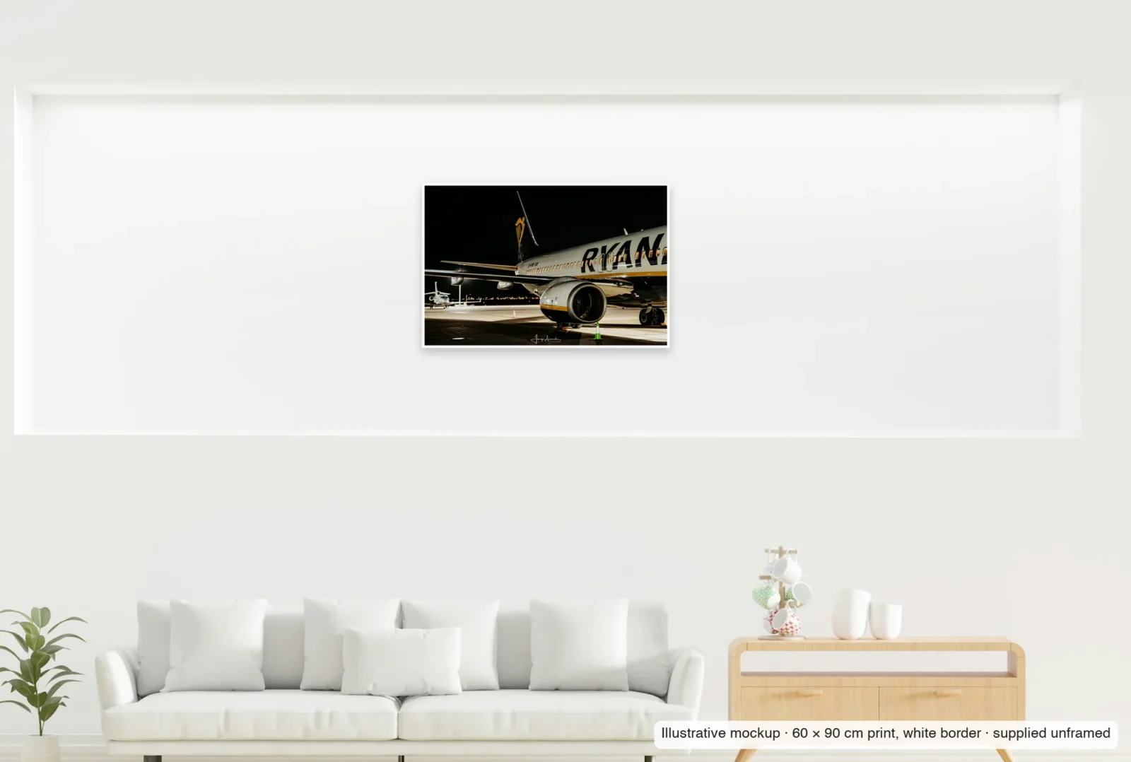 Illustrative mockup showing the scale of Harp and engine as an unframed 60 × 90 cm print above a sofa.