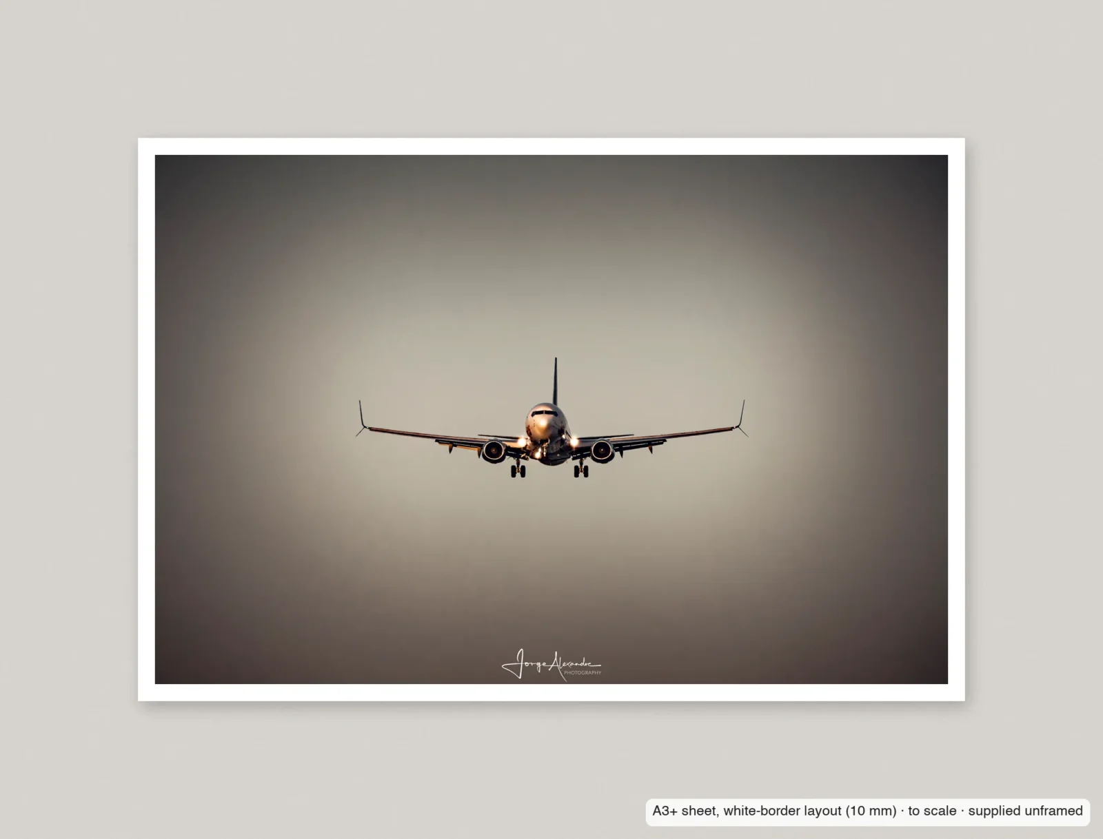 Head-on in the haze printed as an A3+ sheet with a 10 mm white border, shown flat and unframed.