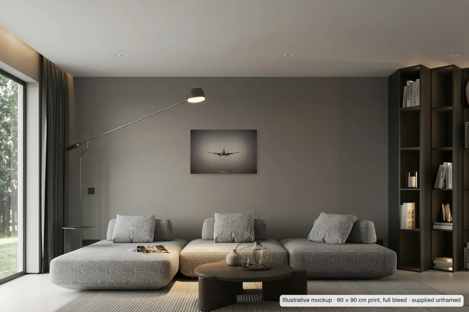 Illustrative mockup of Head-on in the haze as an unframed 60 × 90 cm full-bleed print on a living-room wall.