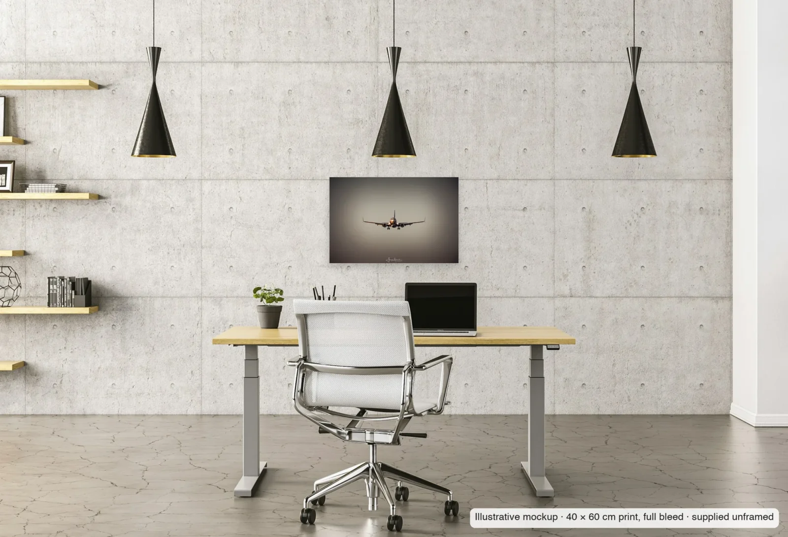 Illustrative mockup of Head-on in the haze as an unframed 40 × 60 cm print above a desk in a home office.
