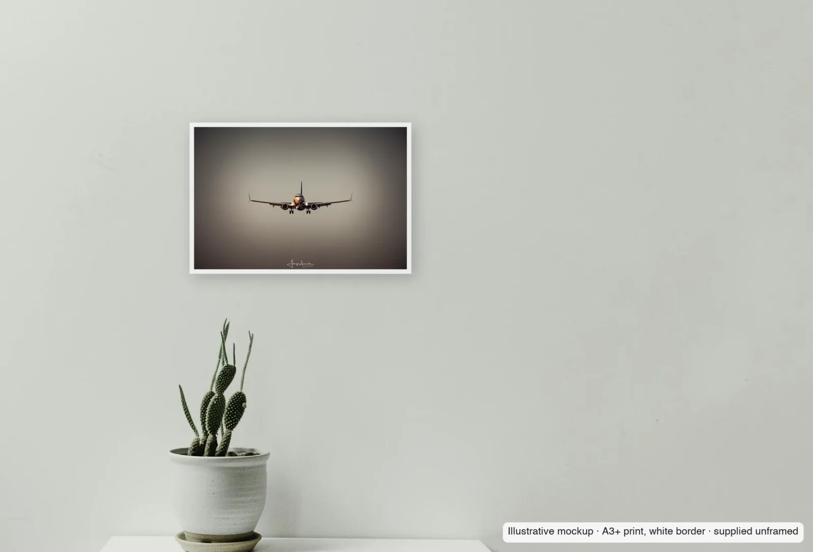 Closer view of Head-on in the haze as an unframed A3+ white-border print above a sideboard.