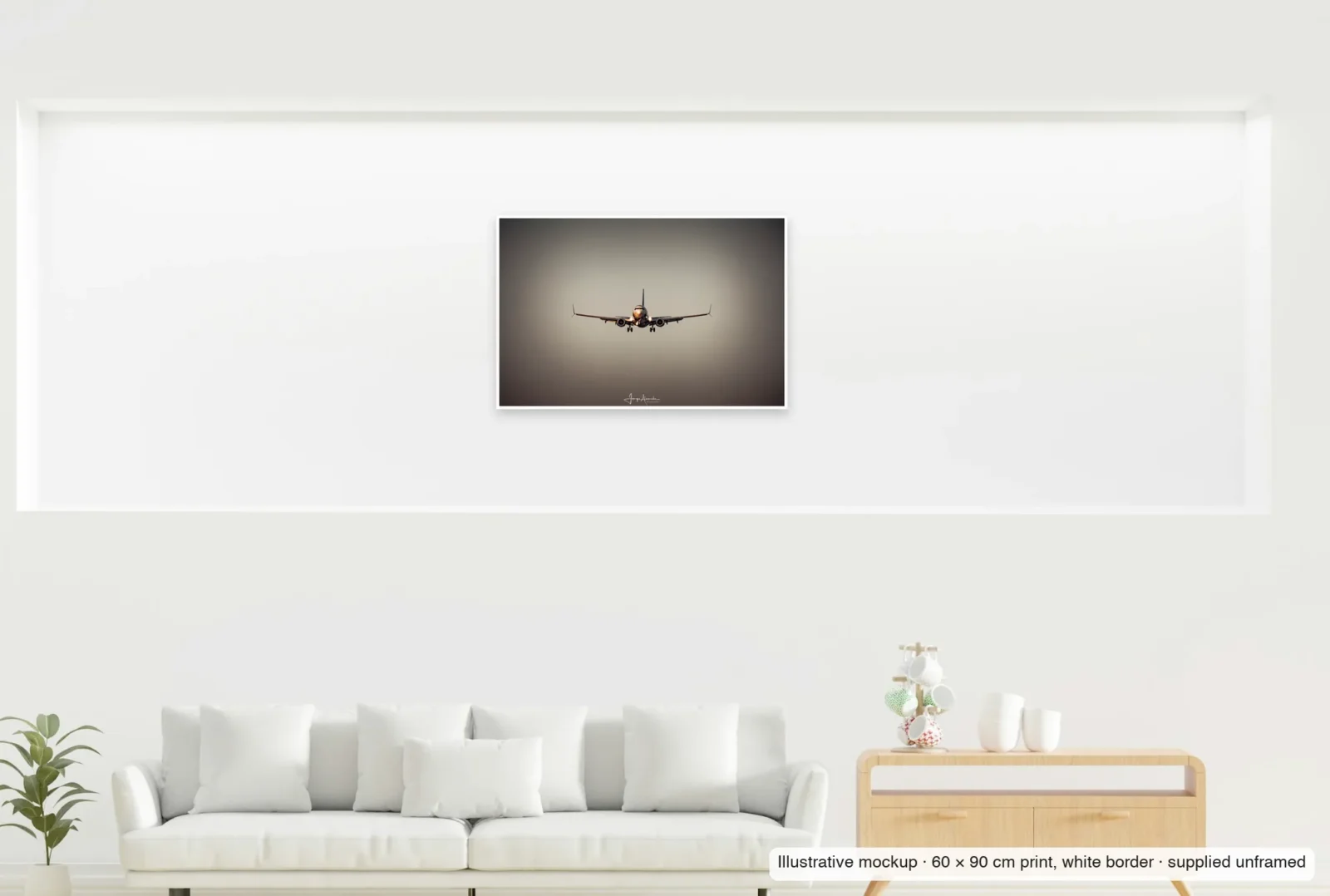 Illustrative mockup showing the scale of Head-on in the haze as an unframed 60 × 90 cm print above a sofa.