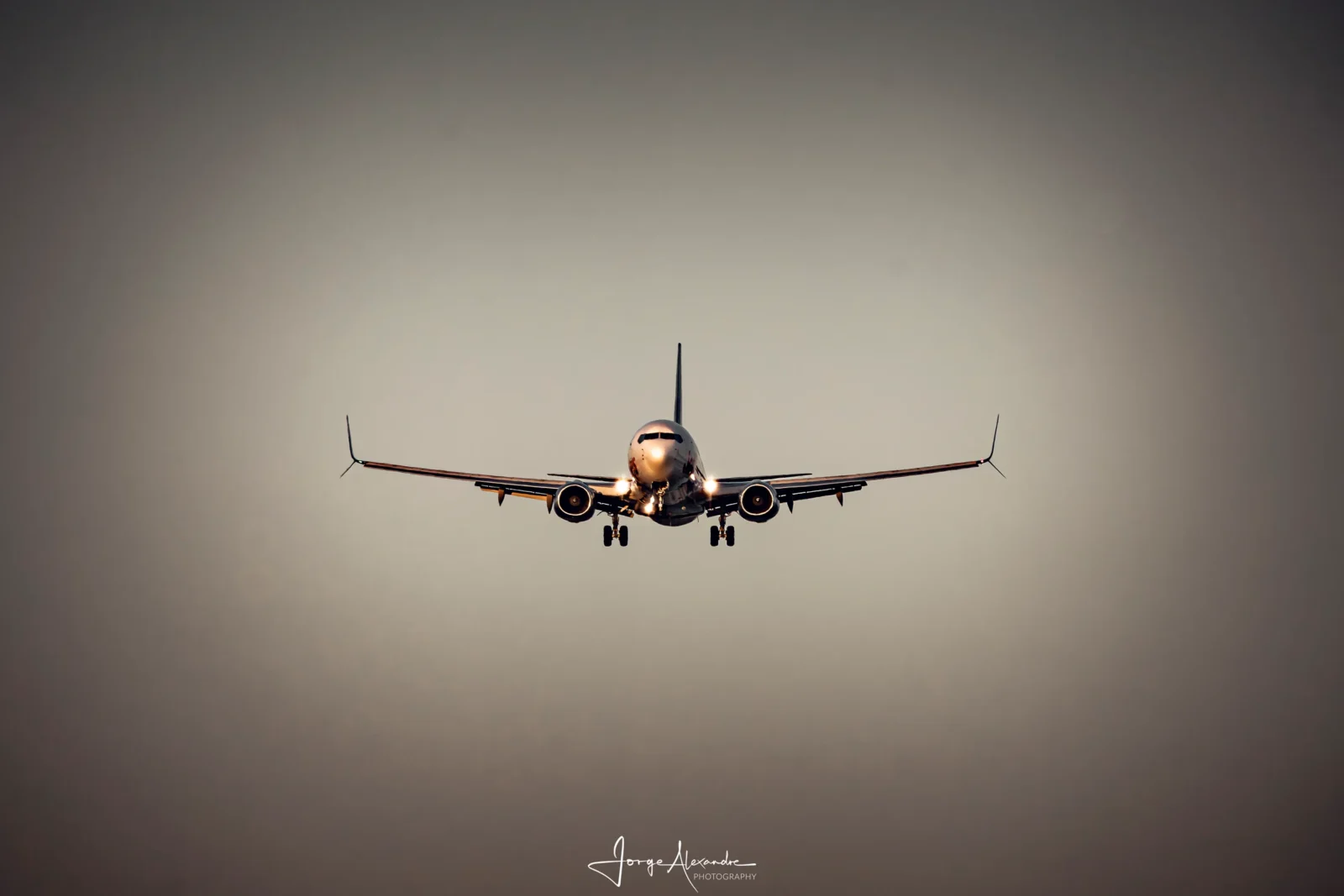 Boeing 737 approaching head-on through warm haze with landing lights on and gear down.