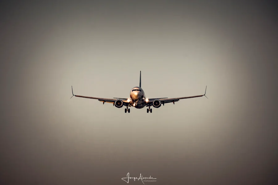 Boeing 737 approaching head-on through warm haze with landing lights on and gear down.