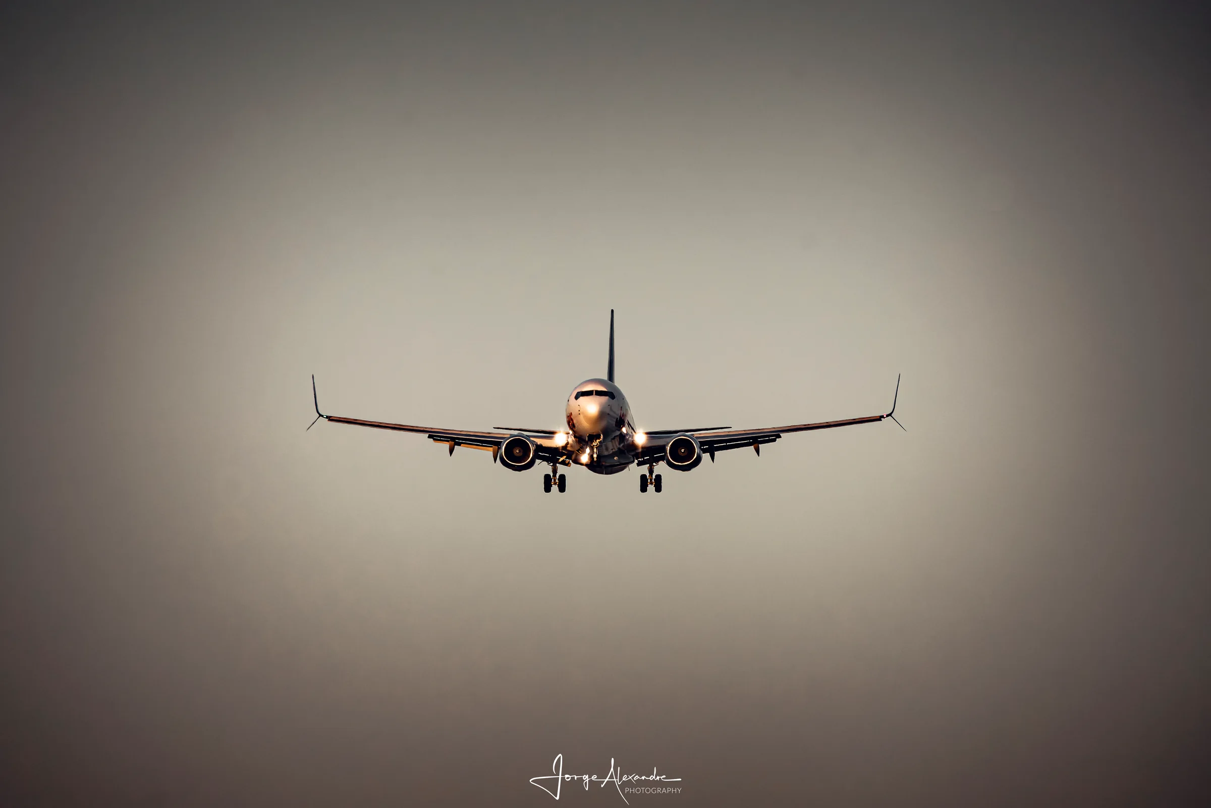 Boeing 737 approaching head-on through warm haze with landing lights on and gear down.
