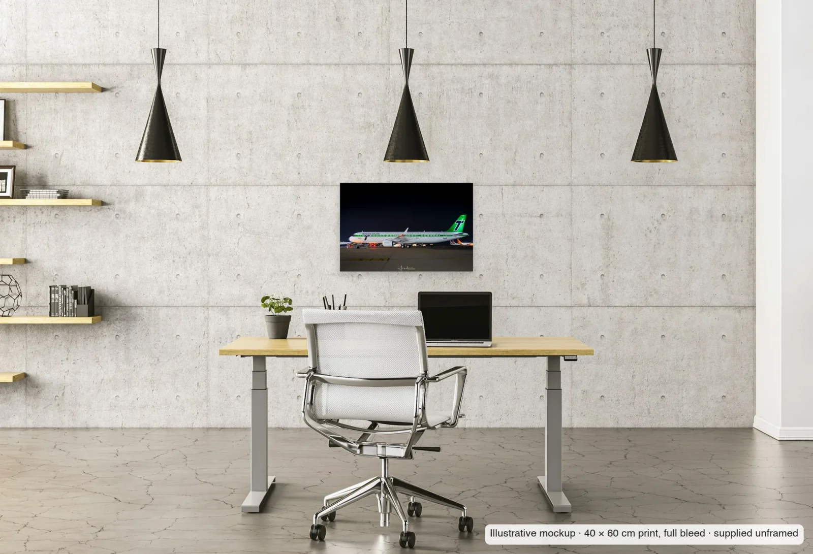 Illustrative mockup of Heritage in the blue hour as an unframed 40 × 60 cm print above a desk in a home office.