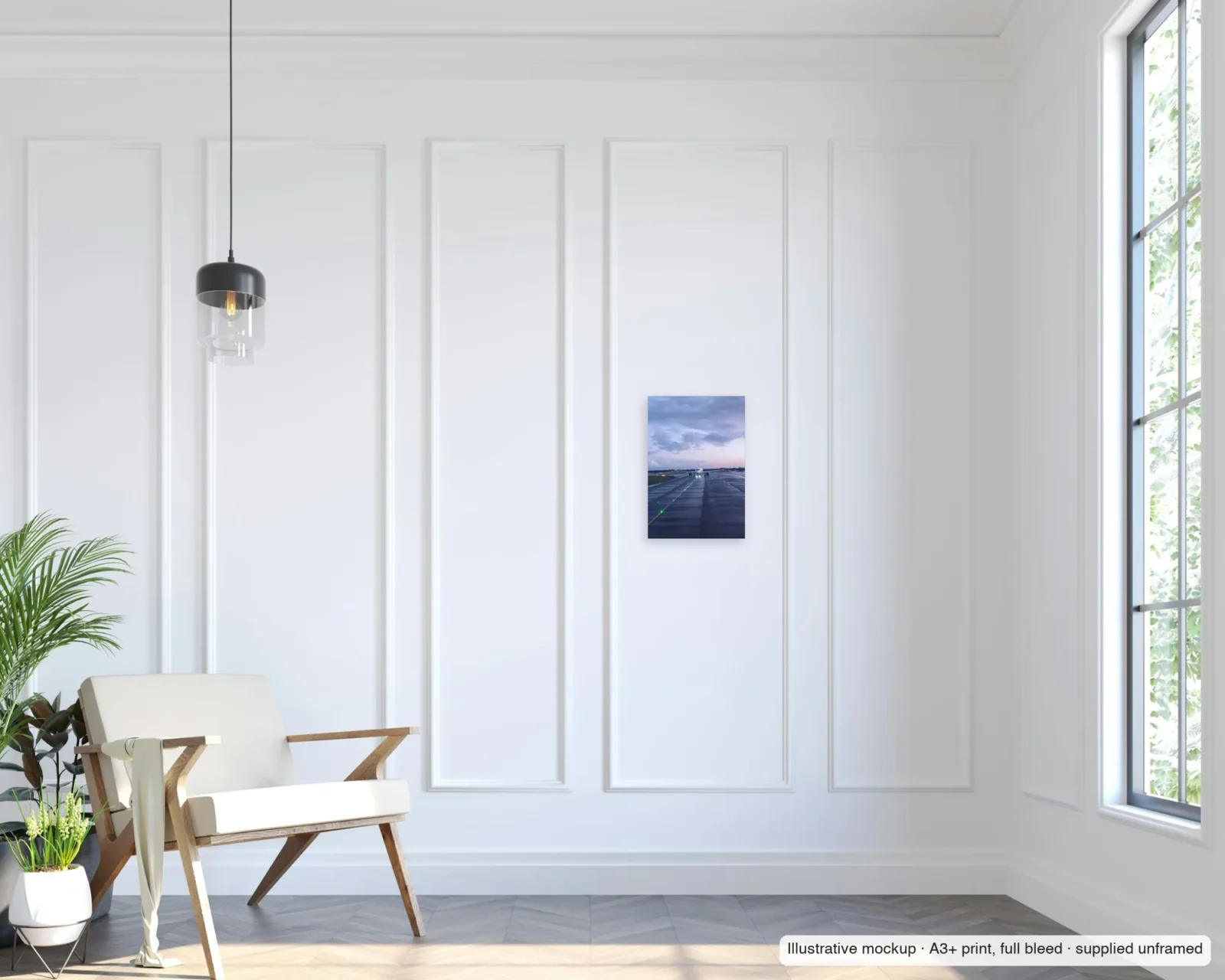 Illustrative mockup of Lights on the centreline as an unframed A3+ full-bleed print on a living-room wall.
