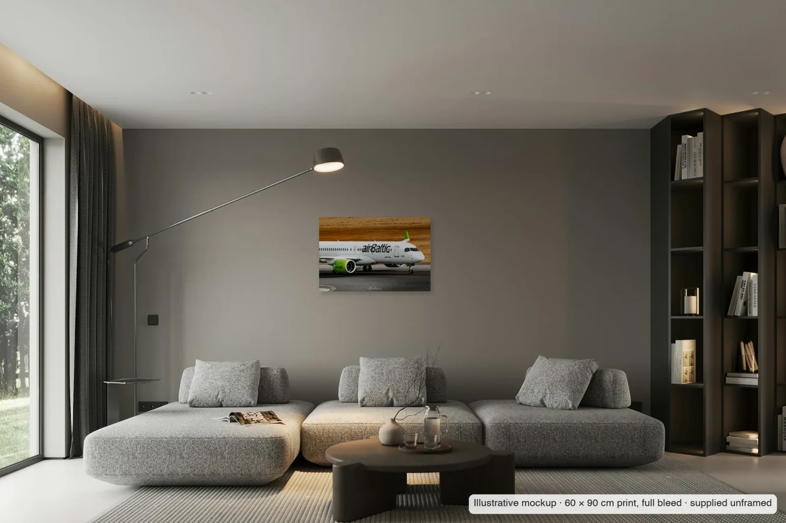 Illustrative mockup of Lime and white as an unframed 60 × 90 cm full-bleed print on a living-room wall.