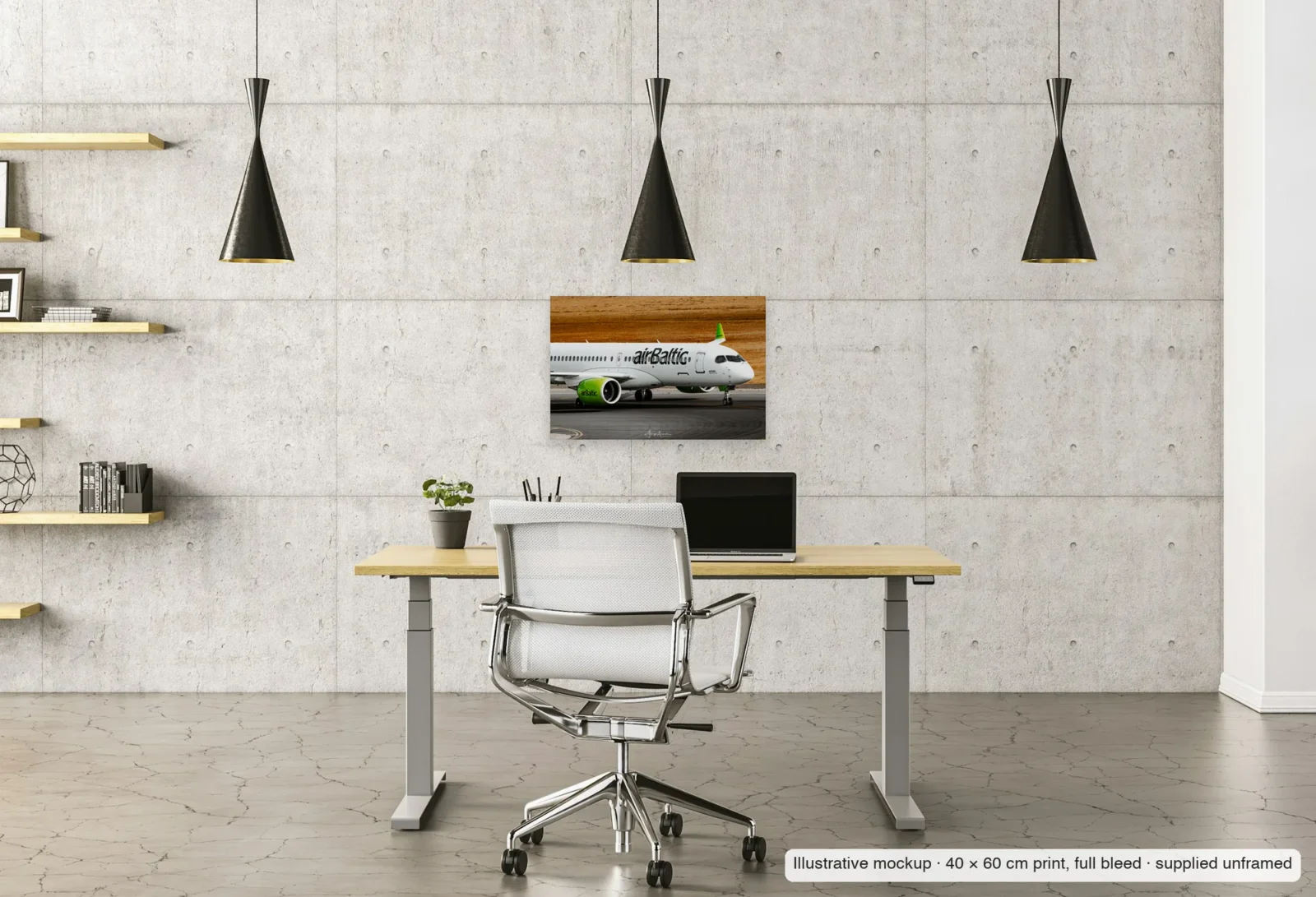 Illustrative mockup of Lime and white as an unframed 40 × 60 cm print above a desk in a home office.